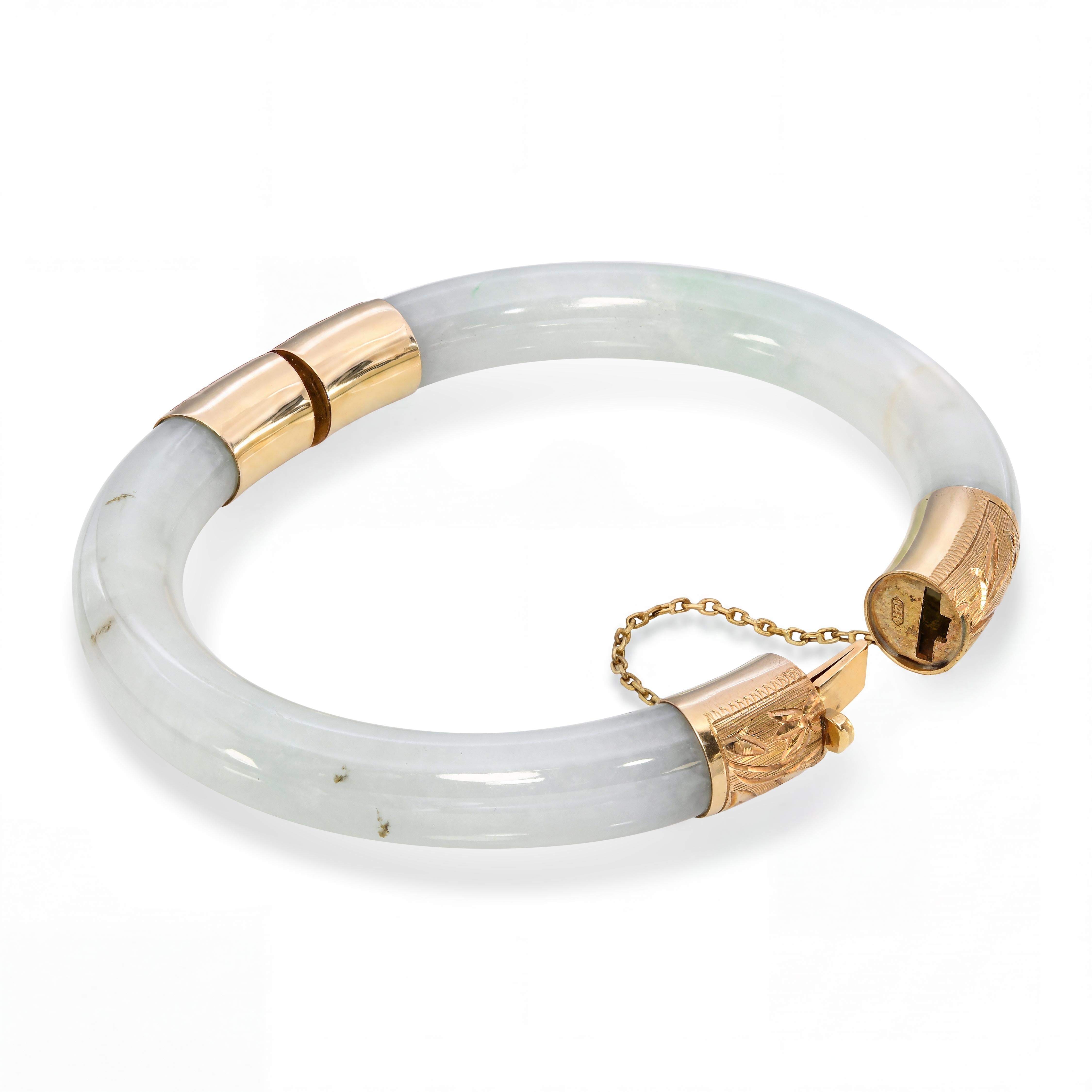 Vintage 14k Yellow Gold Variegated Bluish Green and White Jadeite Jade Bangle