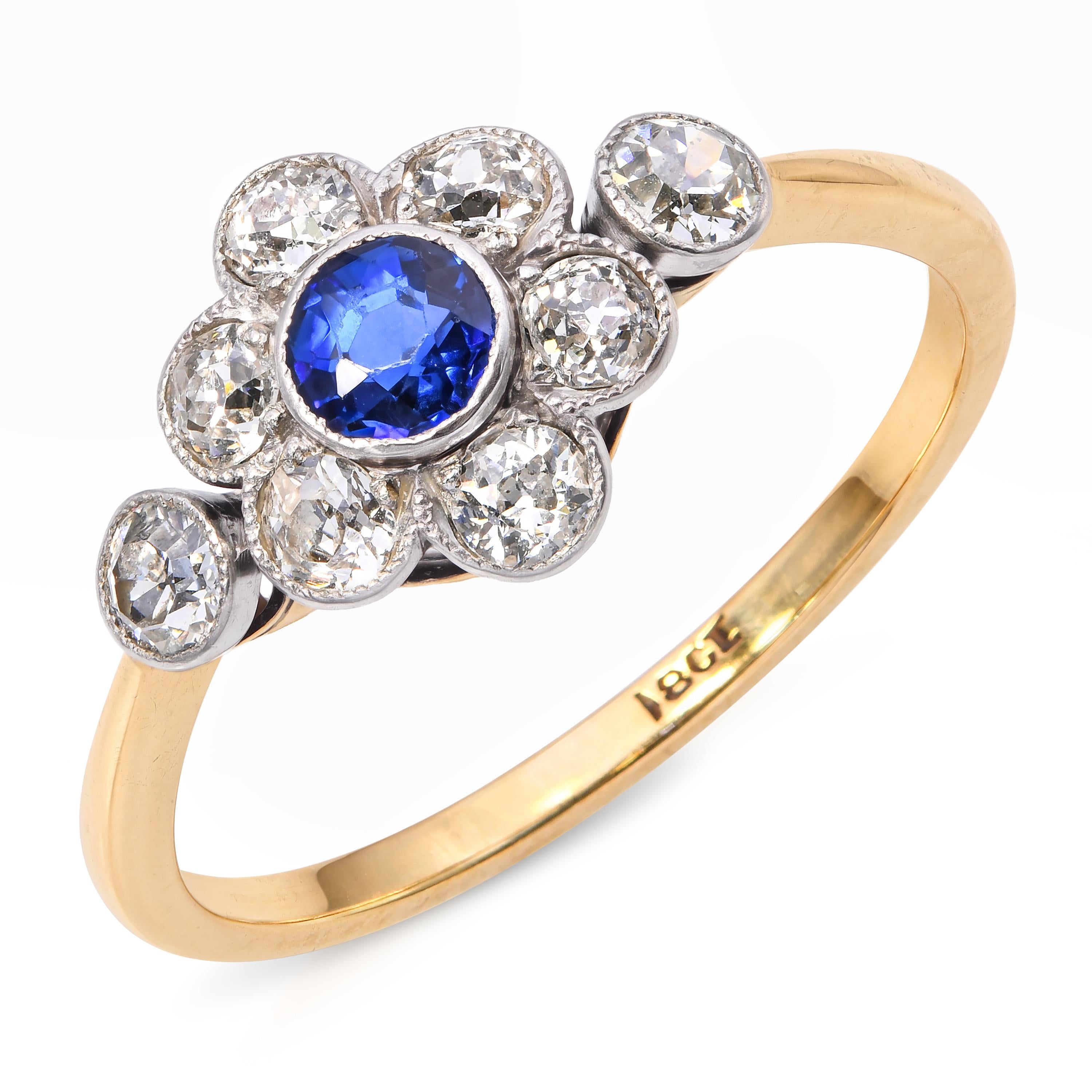 Antique Silver Topped 18k Yellow Gold Royal Blue Sapphire and Diamond Ring