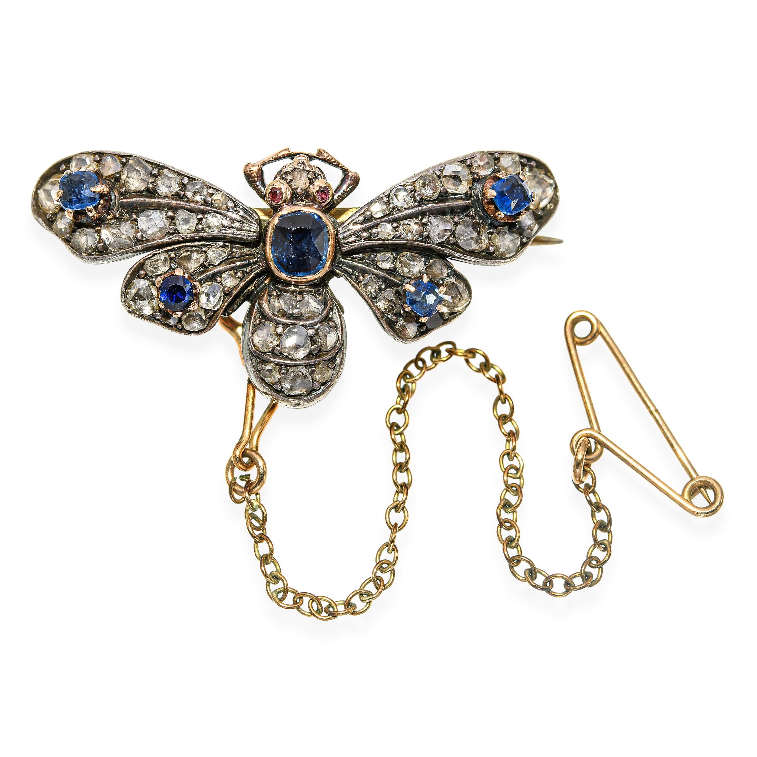 Antique Georgian Silver-Topped Gold Rose Cut and Sapphire Butterfly Brooch