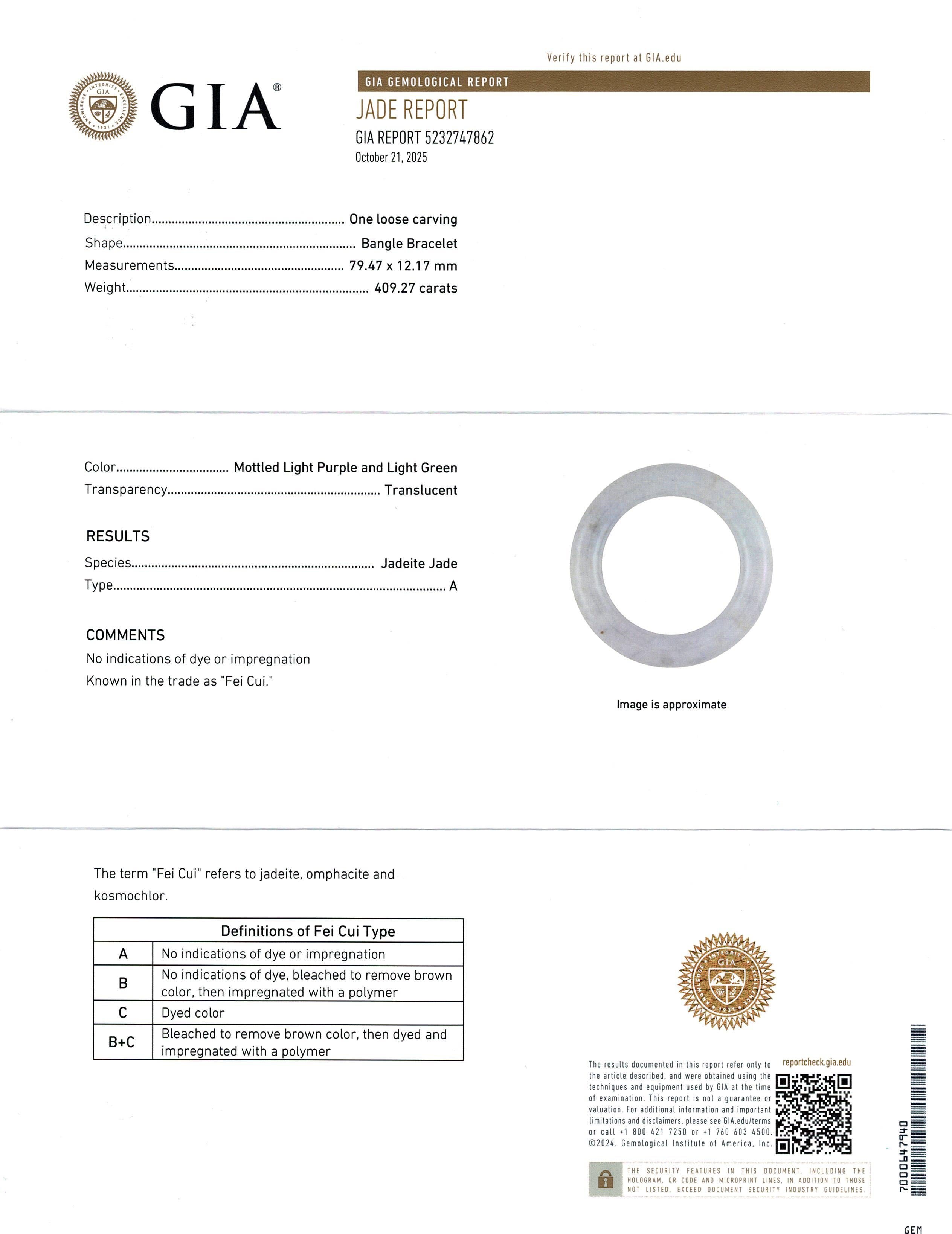 GIA Type A Mottled Light Purple and Light Green Translucent Jadeite Jade Bangle