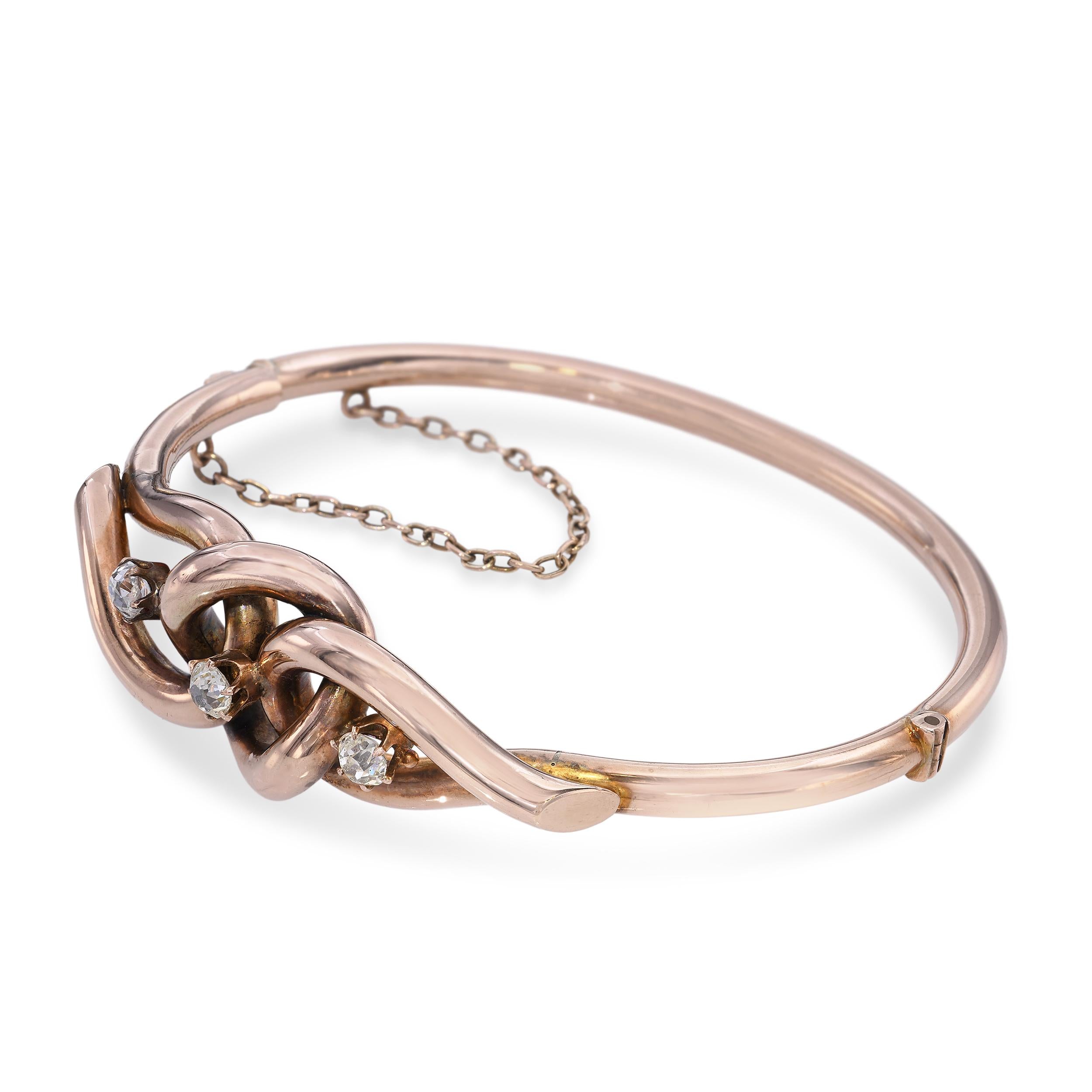 Antique 9k Rose Gold Old Mine Cut Diamond Bangle Bracelet