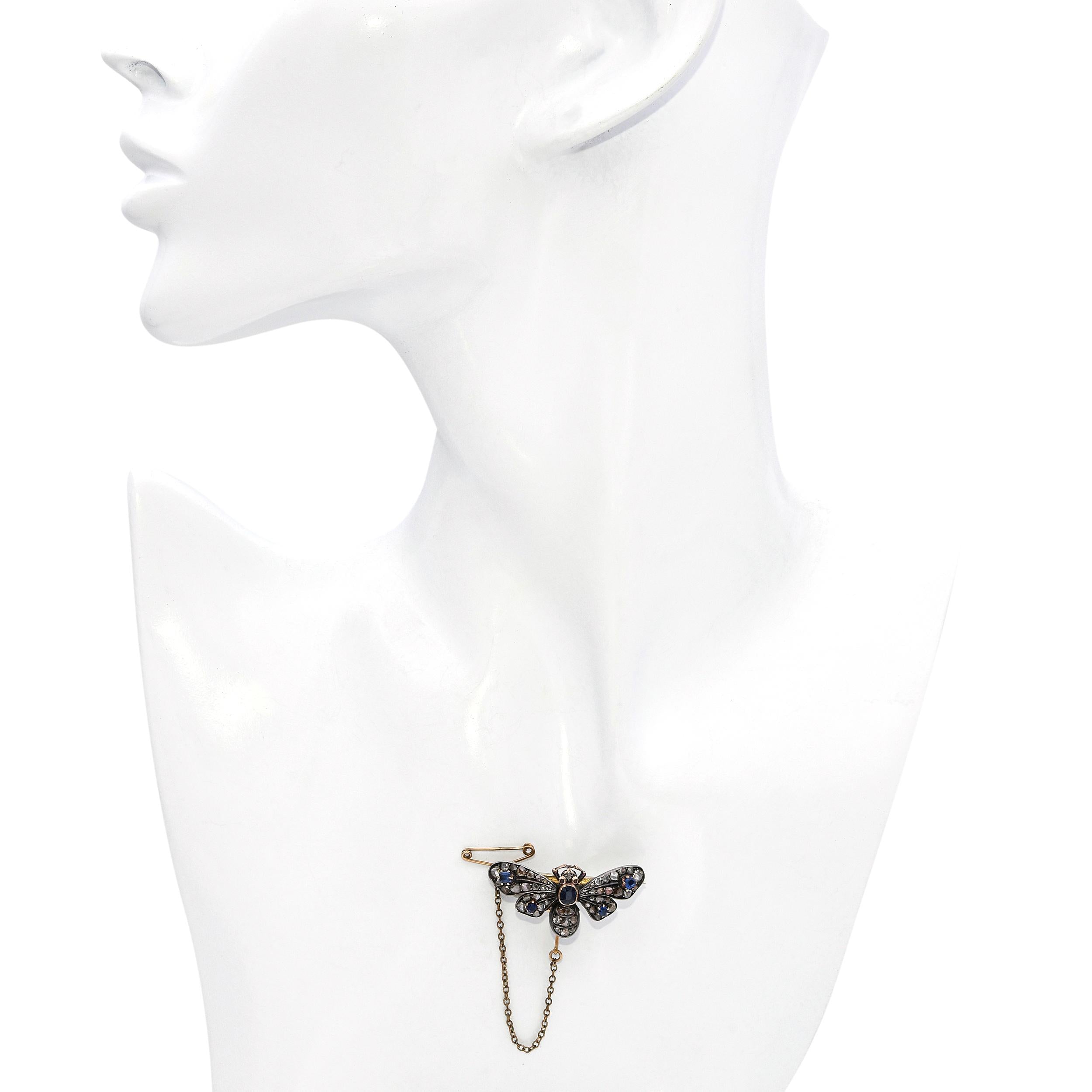 Antique Georgian Silver-Topped Gold Rose Cut and Sapphire Butterfly Brooch
