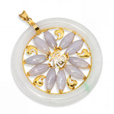 14k Yellow Gold Green and White Variegated Jadeite Jade Floral Pendant