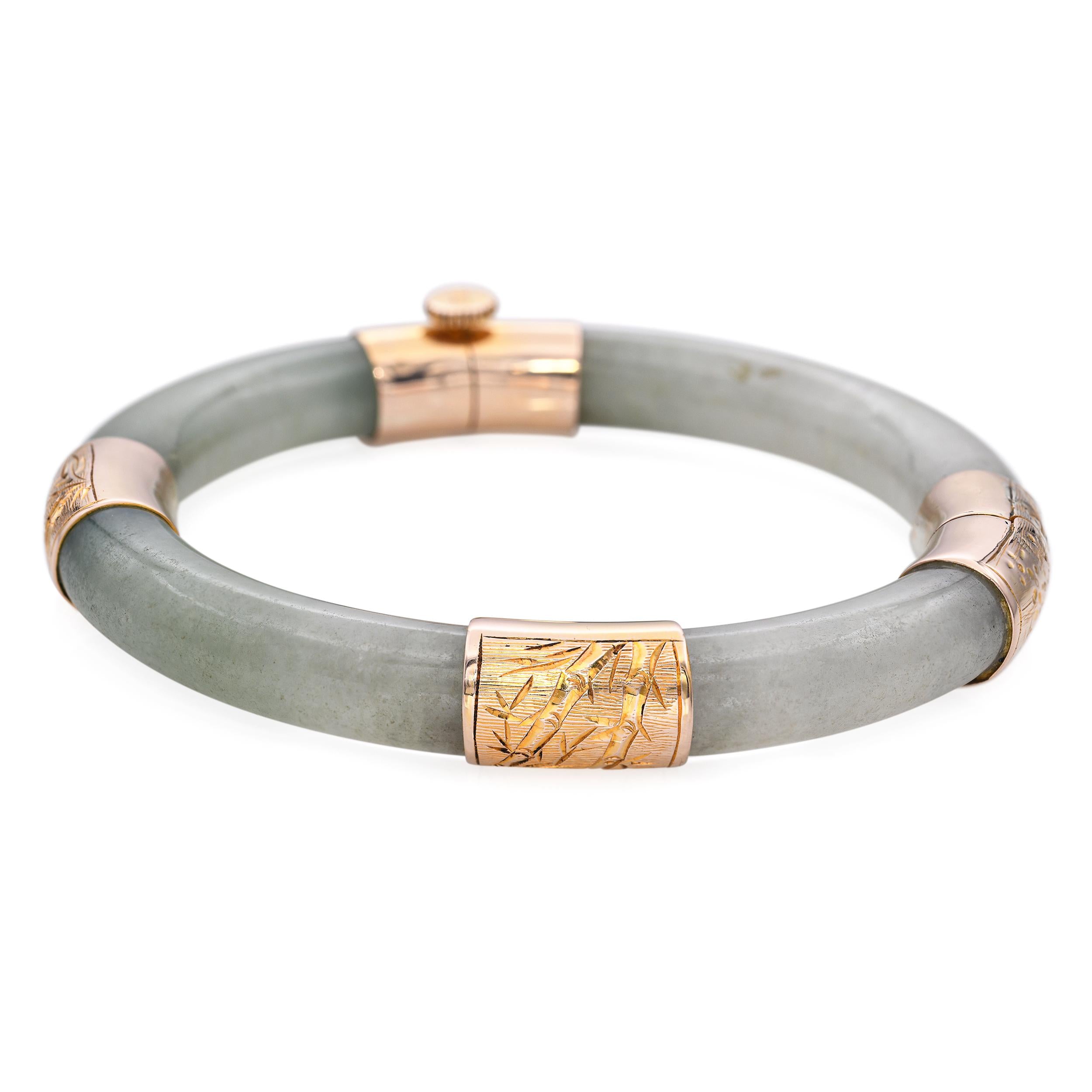 Vintage 14k Yellow Gold Jade Hinged Bangle Bracelet