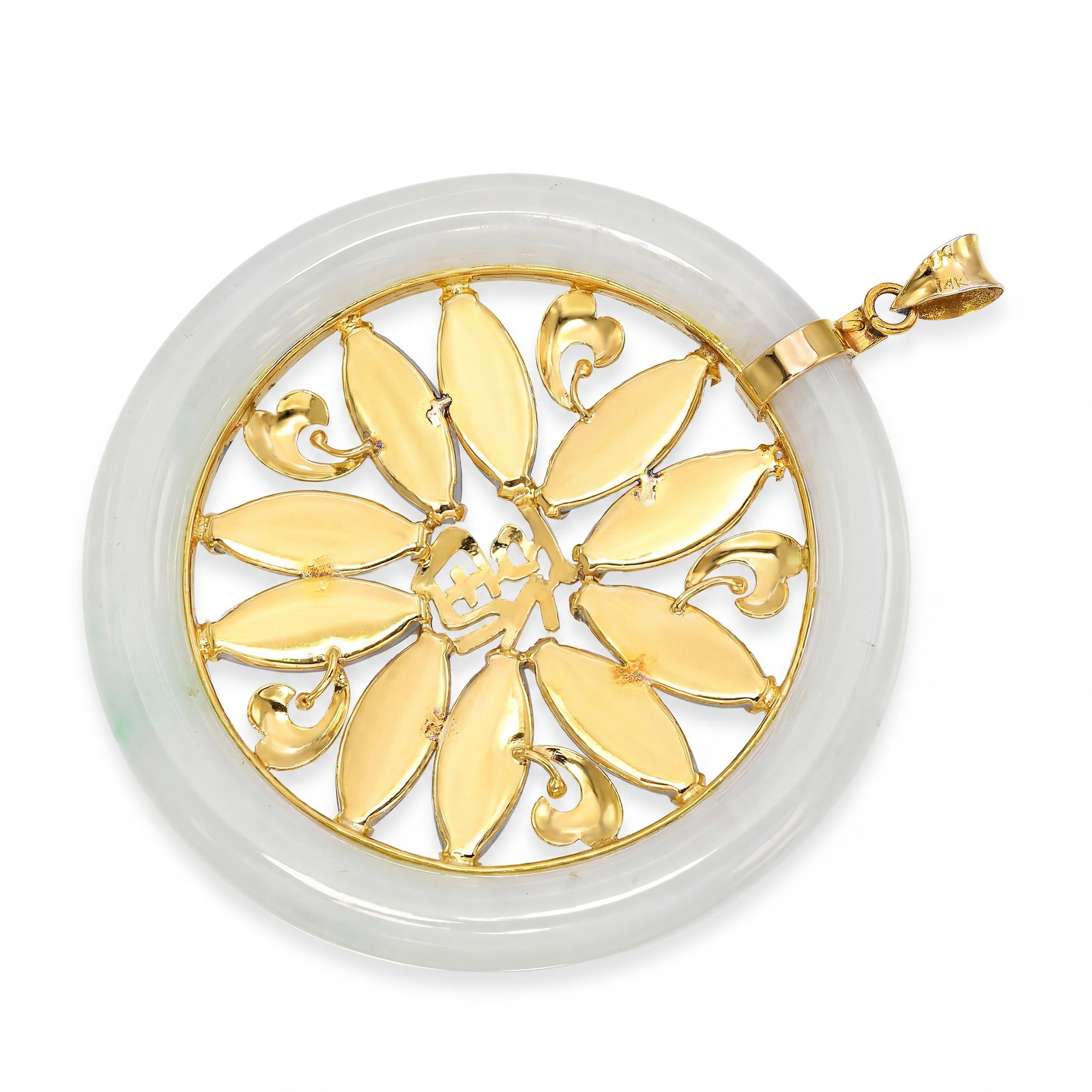 14k Yellow Gold Green and White Variegated Jadeite Jade Floral Pendant