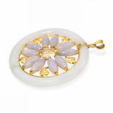 14k Yellow Gold Green and White Variegated Jadeite Jade Floral Pendant
