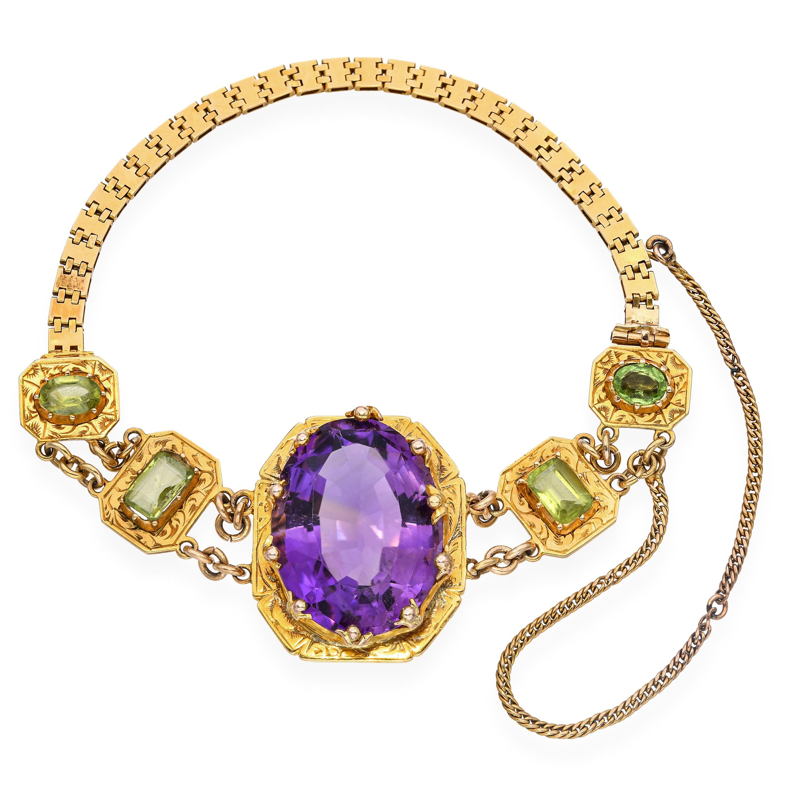 Antique Victorian 18k Yellow Gold Amethyst Peridot Intricate Setting Bracelet