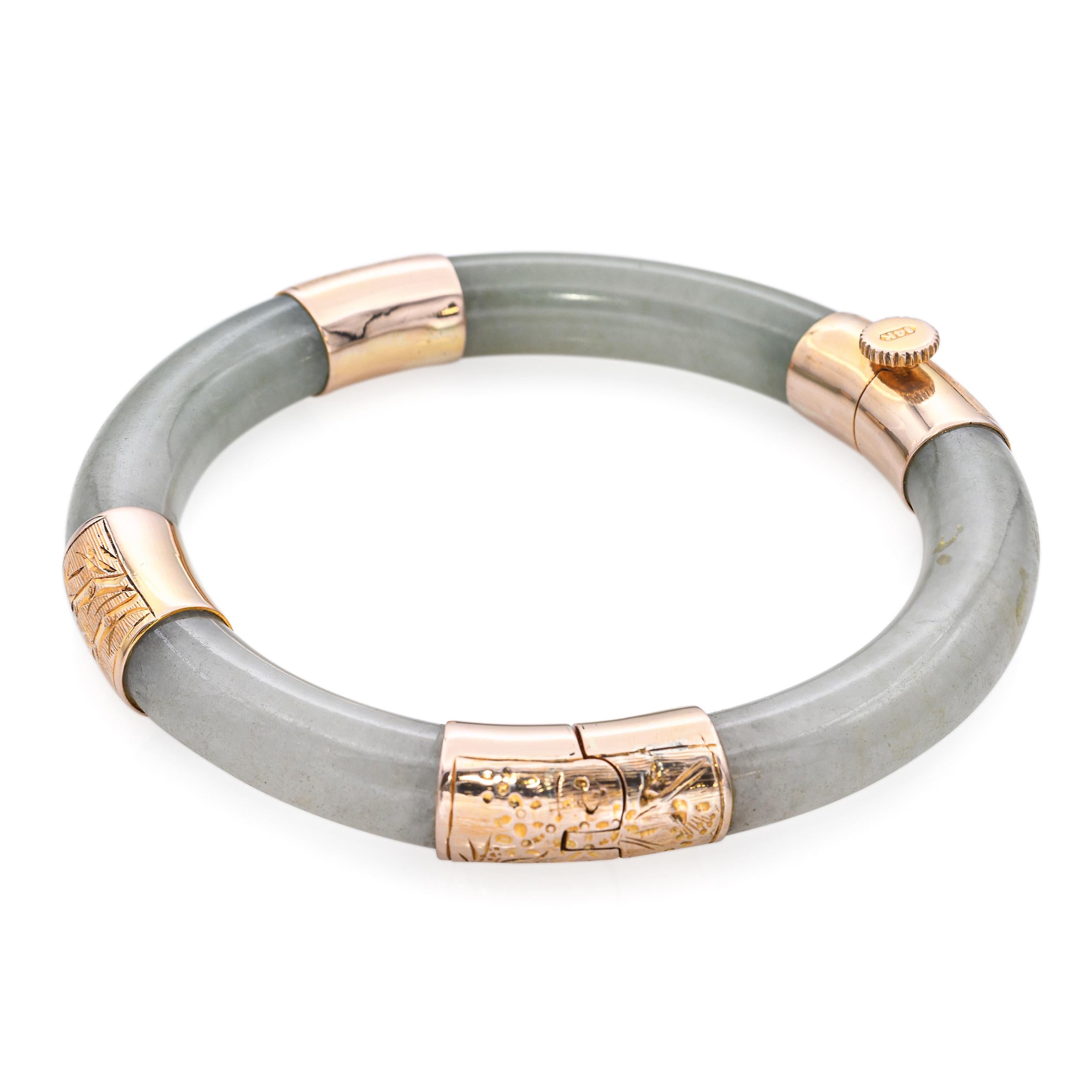Vintage 14k Yellow Gold Jade Hinged Bangle Bracelet