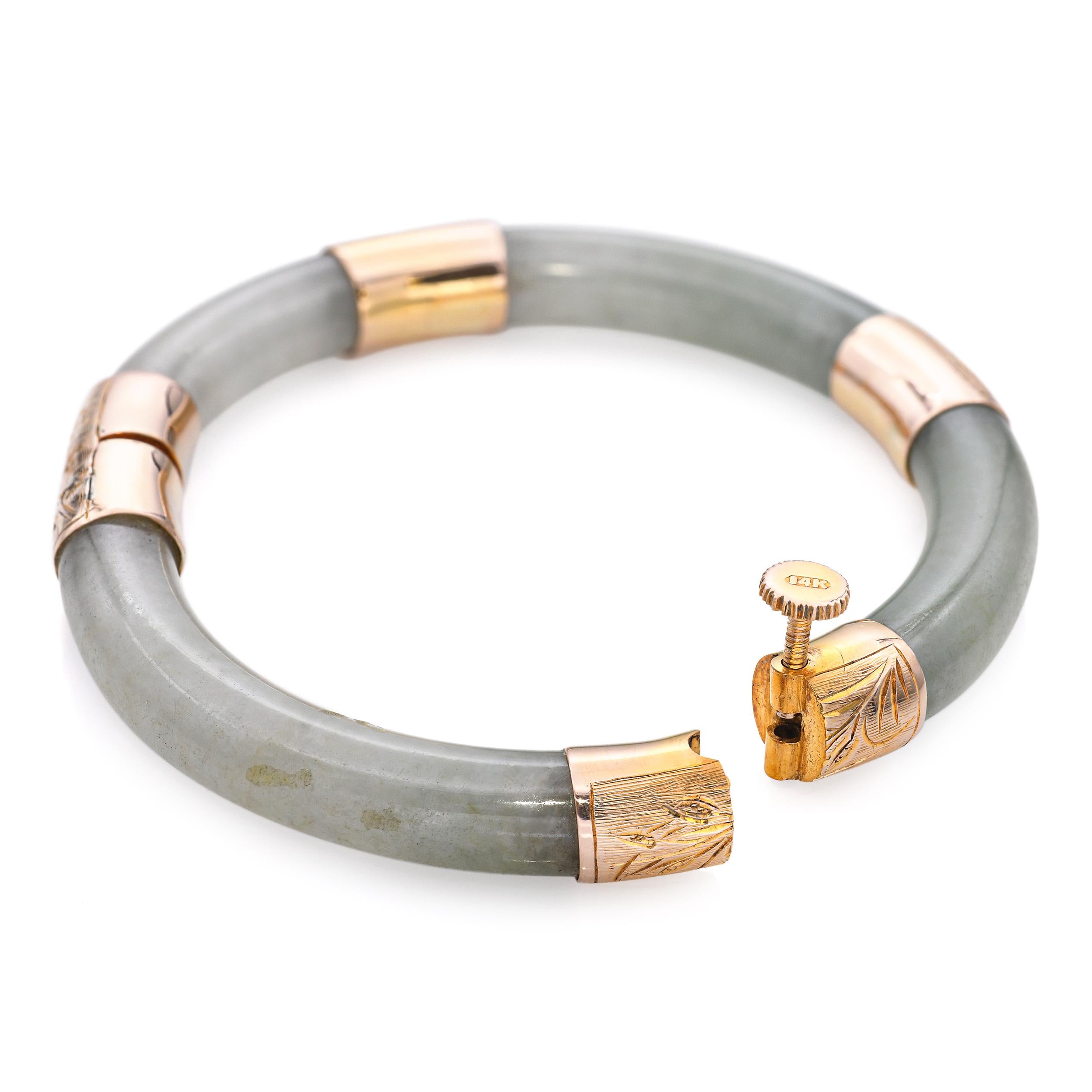 Vintage 14k Yellow Gold Jade Hinged Bangle Bracelet
