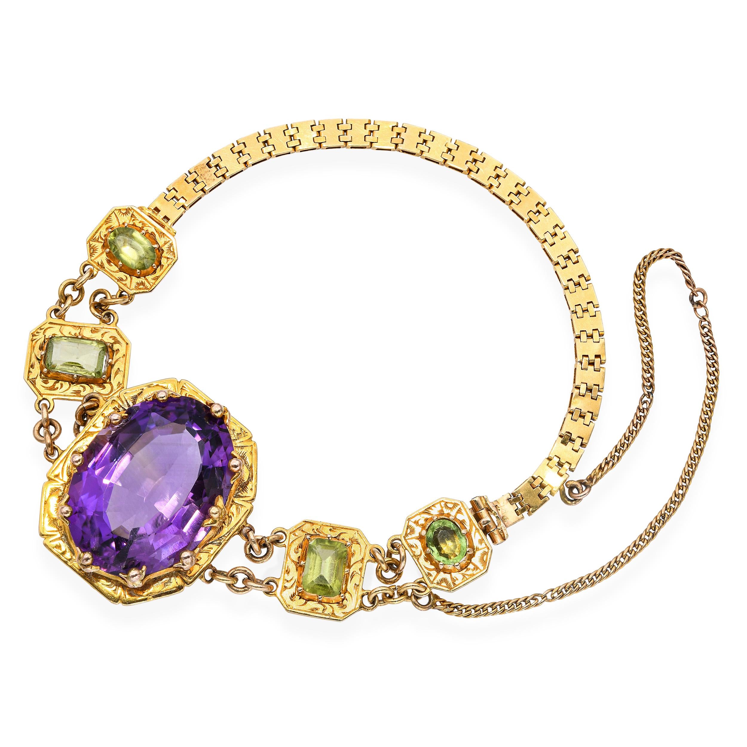 Antique Victorian 18k Yellow Gold Amethyst Peridot Intricate Setting Bracelet