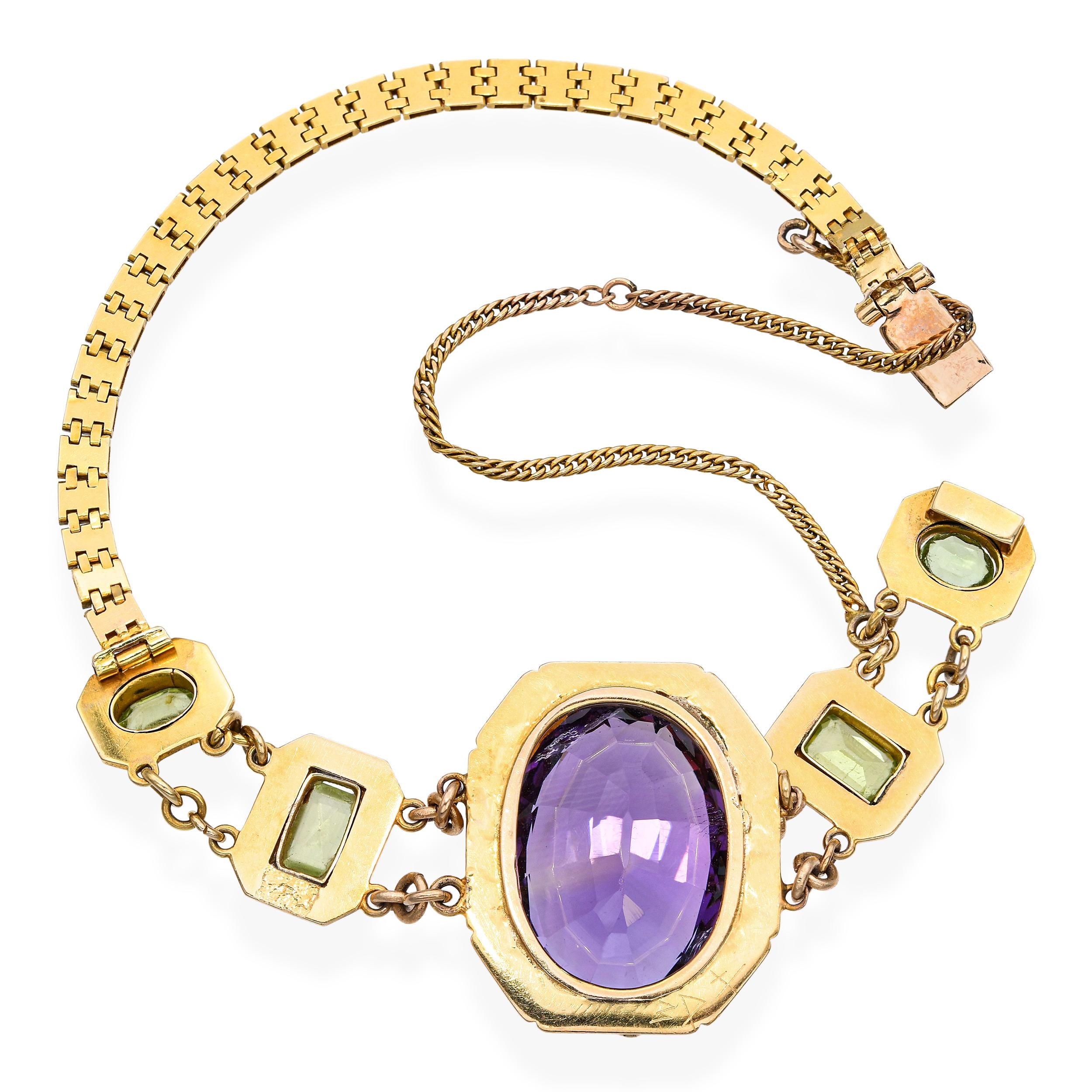 Antique Victorian 18k Yellow Gold Amethyst Peridot Intricate Setting Bracelet