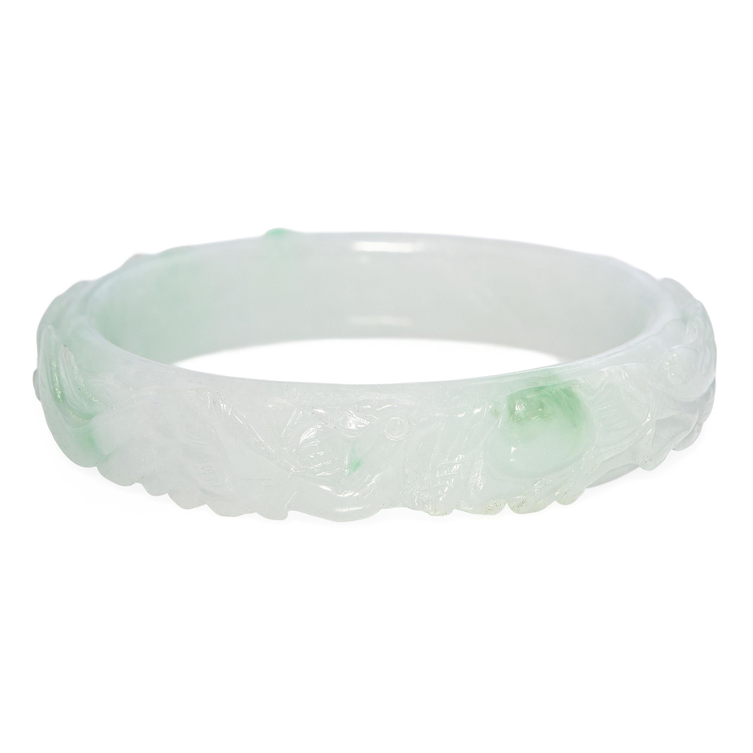 GIA Translucent Variegated Light Gray & Green Carved Jadeite Bangle Bracelet