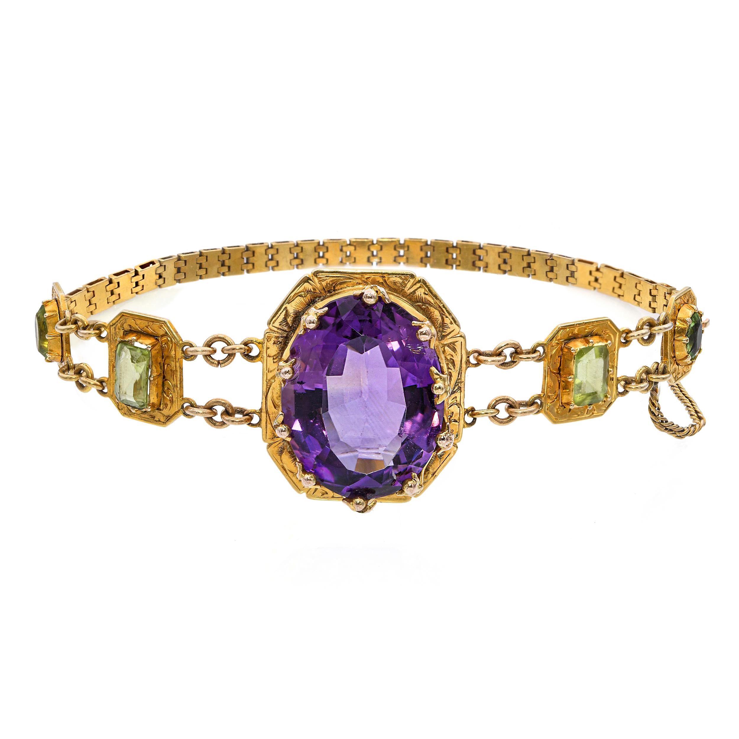 Antique Victorian 18k Yellow Gold Amethyst Peridot Intricate Setting Bracelet