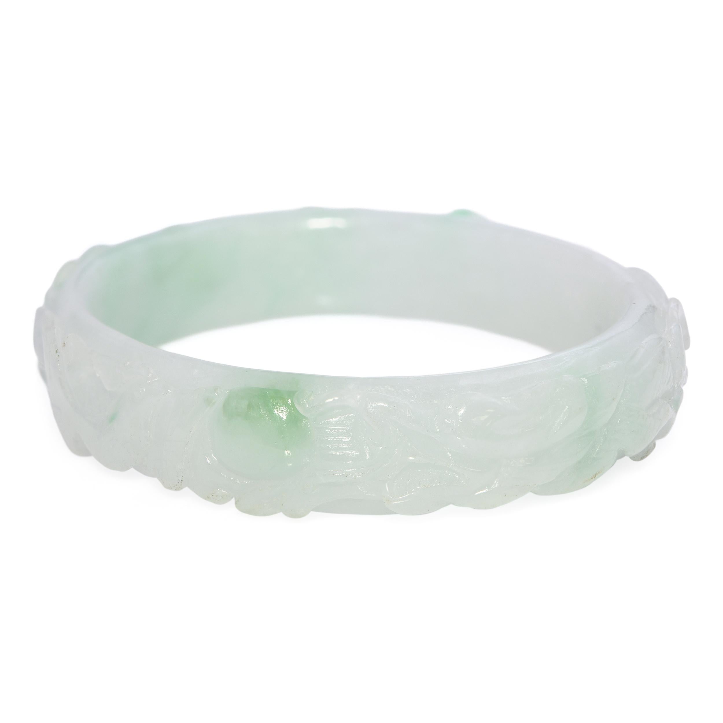 GIA Translucent Variegated Light Gray & Green Carved Jadeite Bangle Bracelet