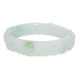 GIA Translucent Variegated Light Gray & Green Carved Jadeite Bangle Bracelet
