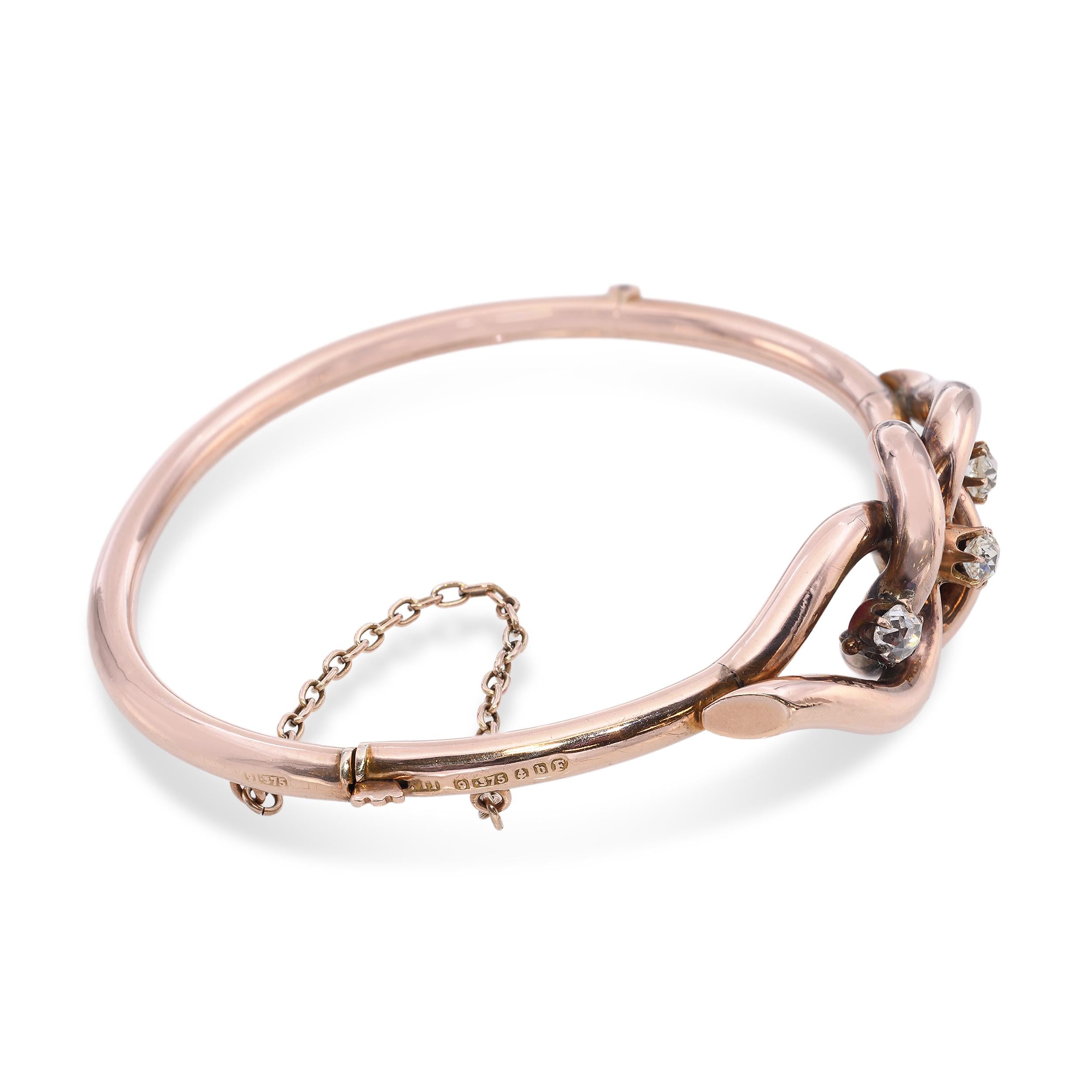 Antique 9k Rose Gold Old Mine Cut Diamond Bangle Bracelet