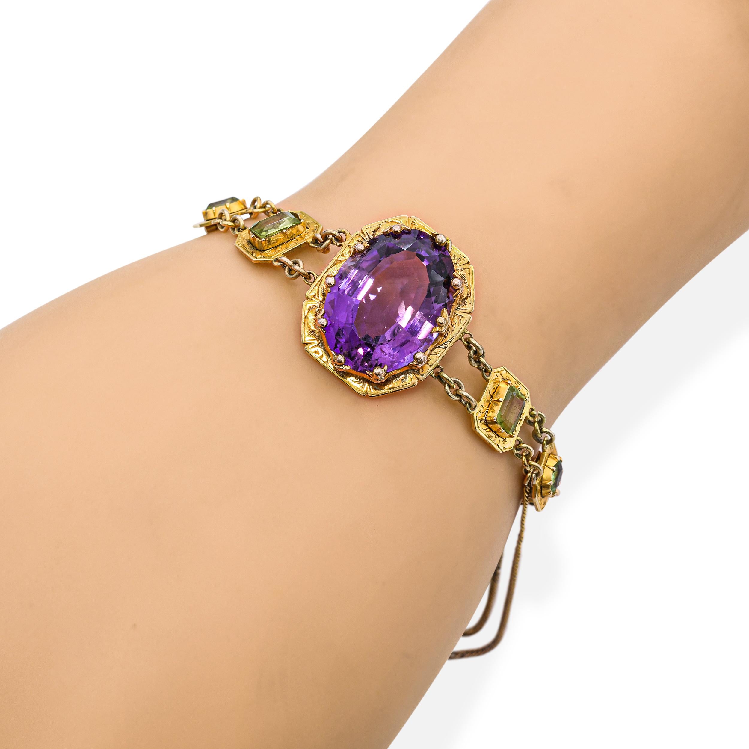 Antique Victorian 18k Yellow Gold Amethyst Peridot Intricate Setting Bracelet