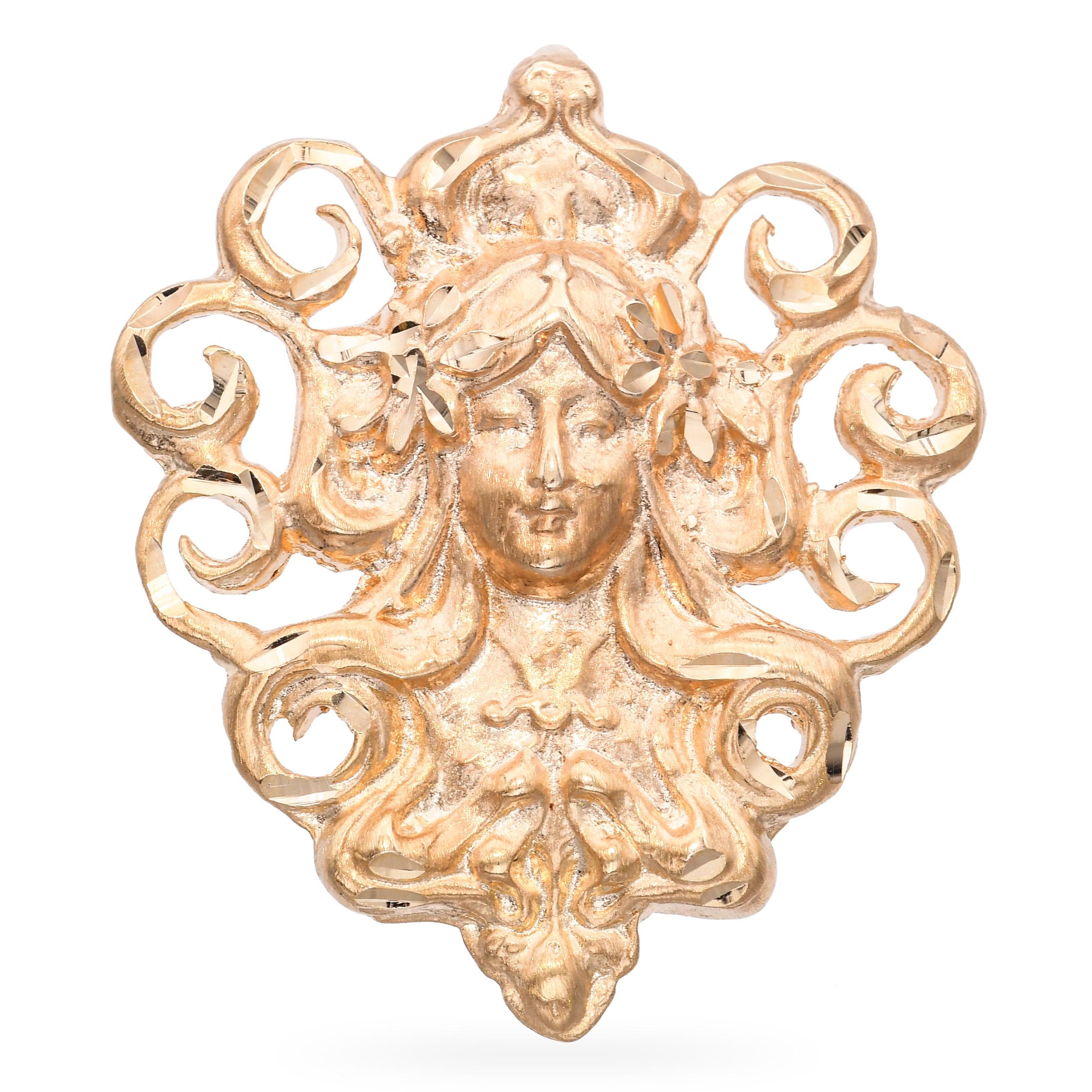 14k Yellow Gold Bright Cut Woman Portrait Pendant