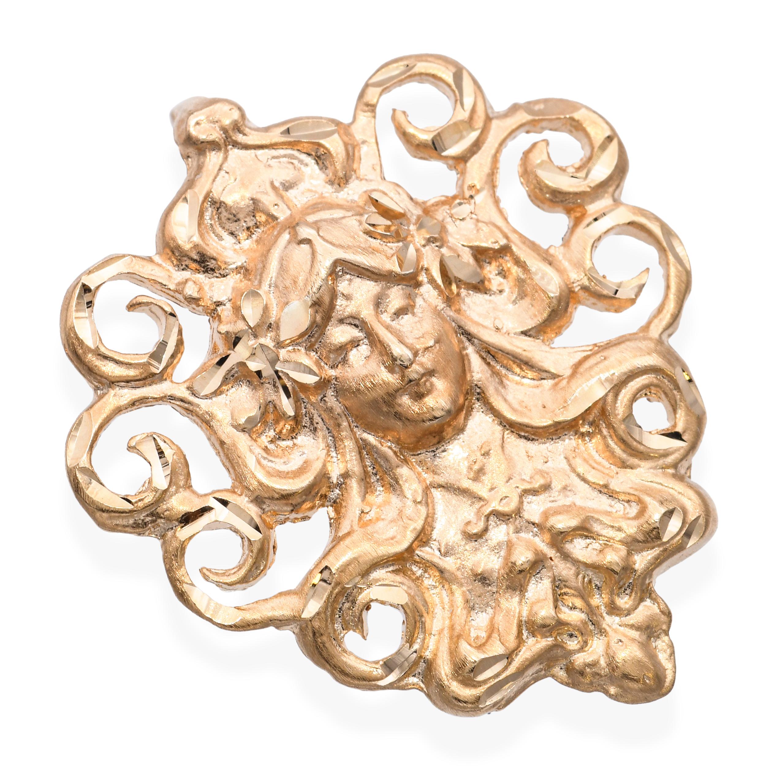 14k Yellow Gold Bright Cut Woman Portrait Pendant