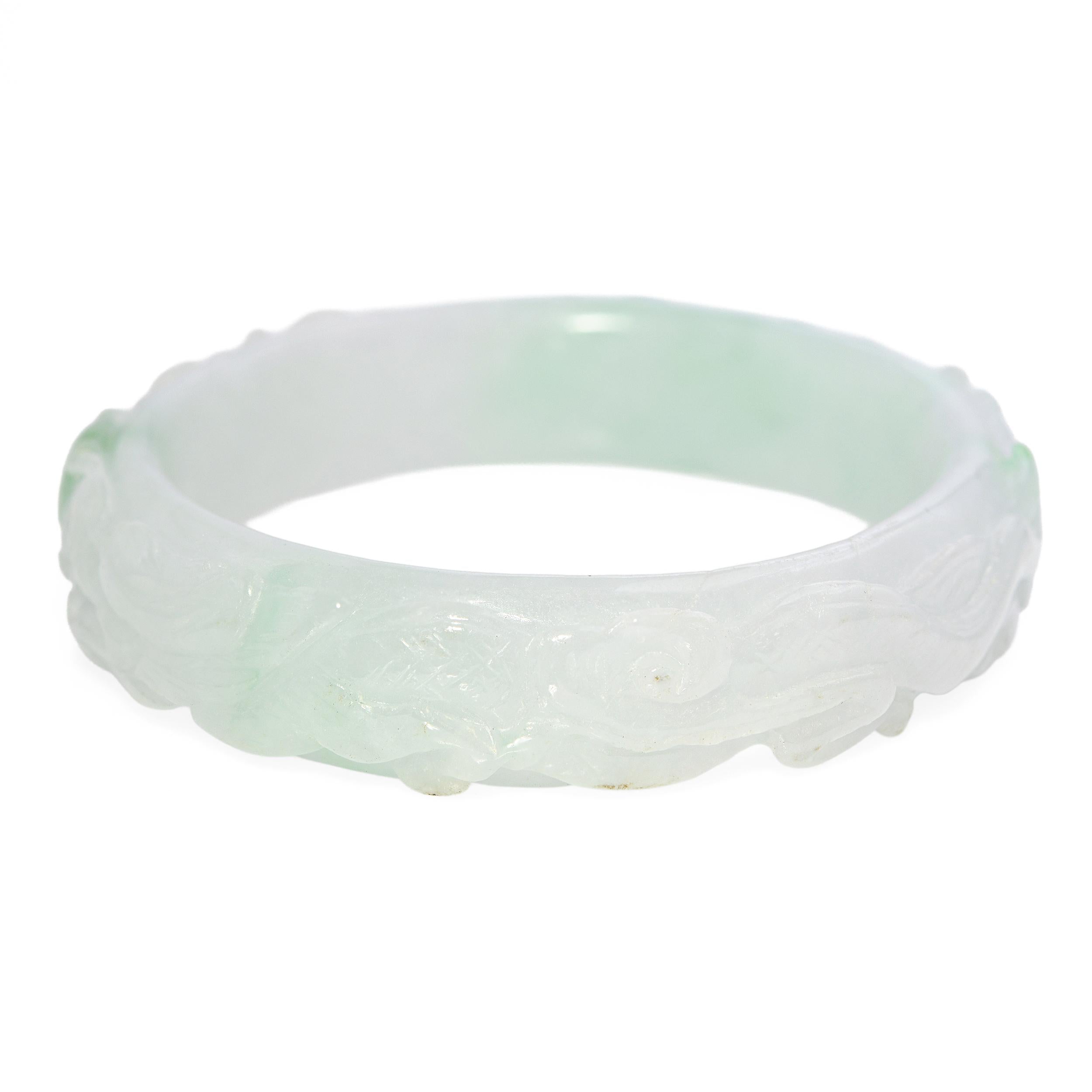 GIA Translucent Variegated Light Gray & Green Carved Jadeite Bangle Bracelet