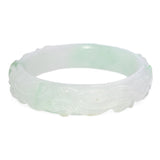 GIA Translucent Variegated Light Gray & Green Carved Jadeite Bangle Bracelet
