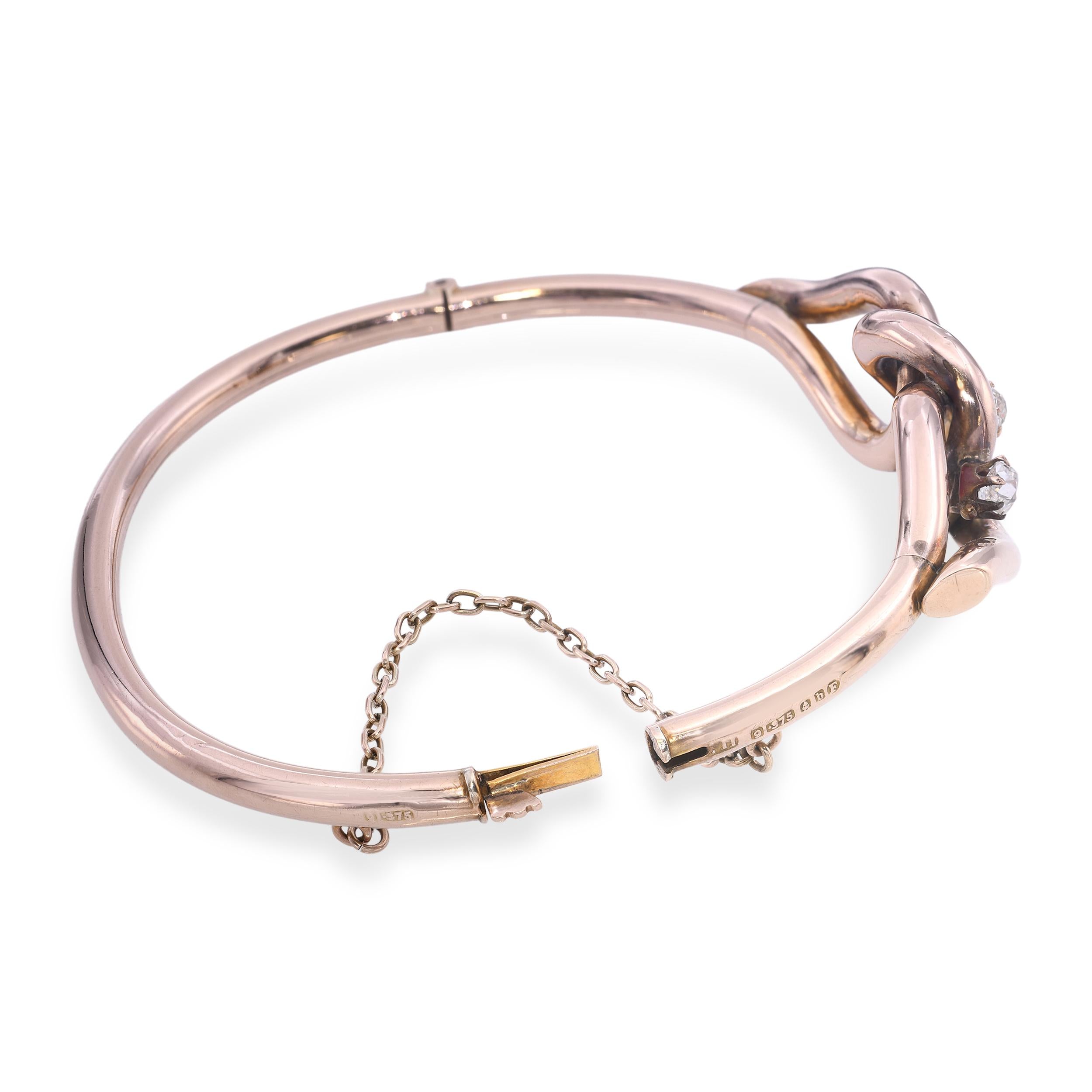 Antique 9k Rose Gold Old Mine Cut Diamond Bangle Bracelet