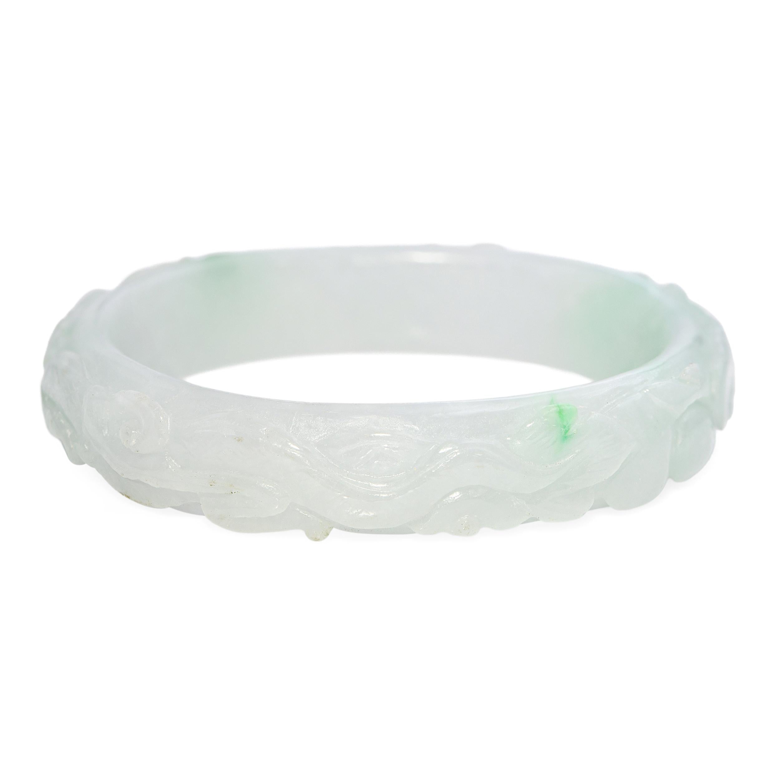 GIA Translucent Variegated Light Gray & Green Carved Jadeite Bangle Bracelet