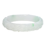 GIA Translucent Variegated Light Gray & Green Carved Jadeite Bangle Bracelet