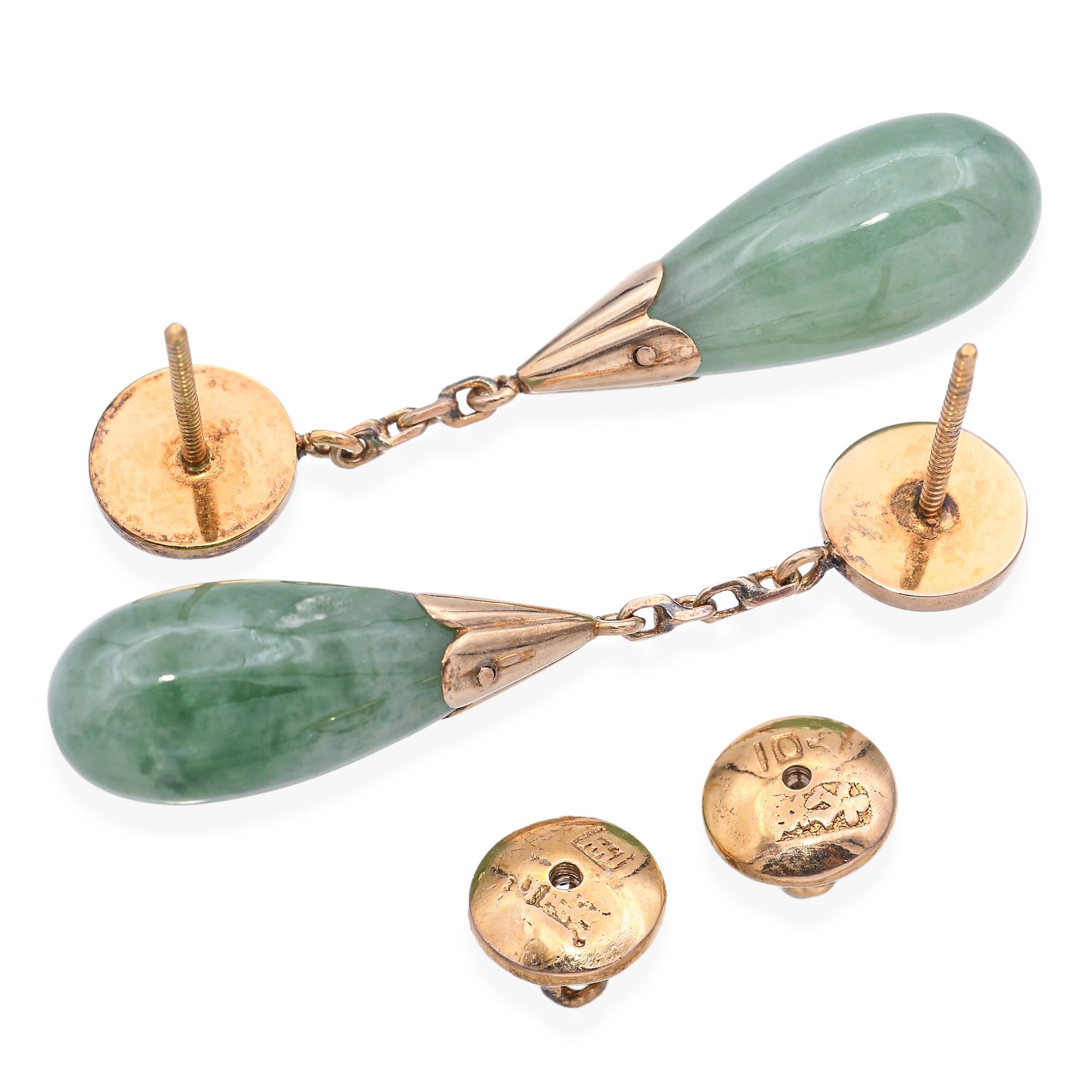 Vintage 10k Yellow Gold Green Jade Drop Earrings