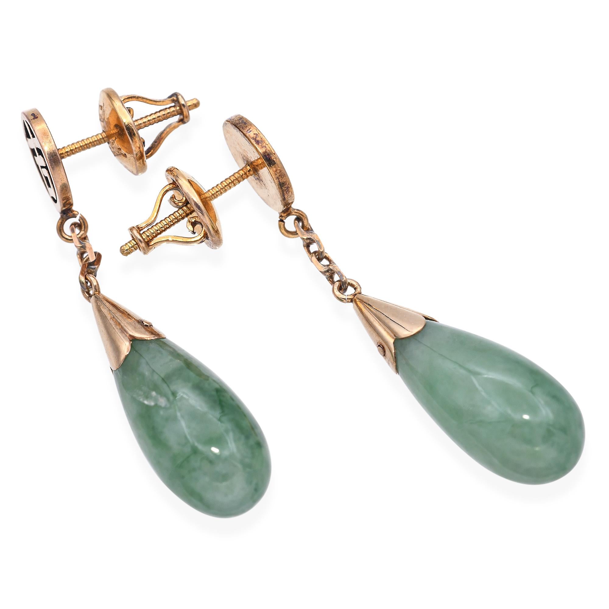Vintage 10k Yellow Gold Green Jade Drop Earrings