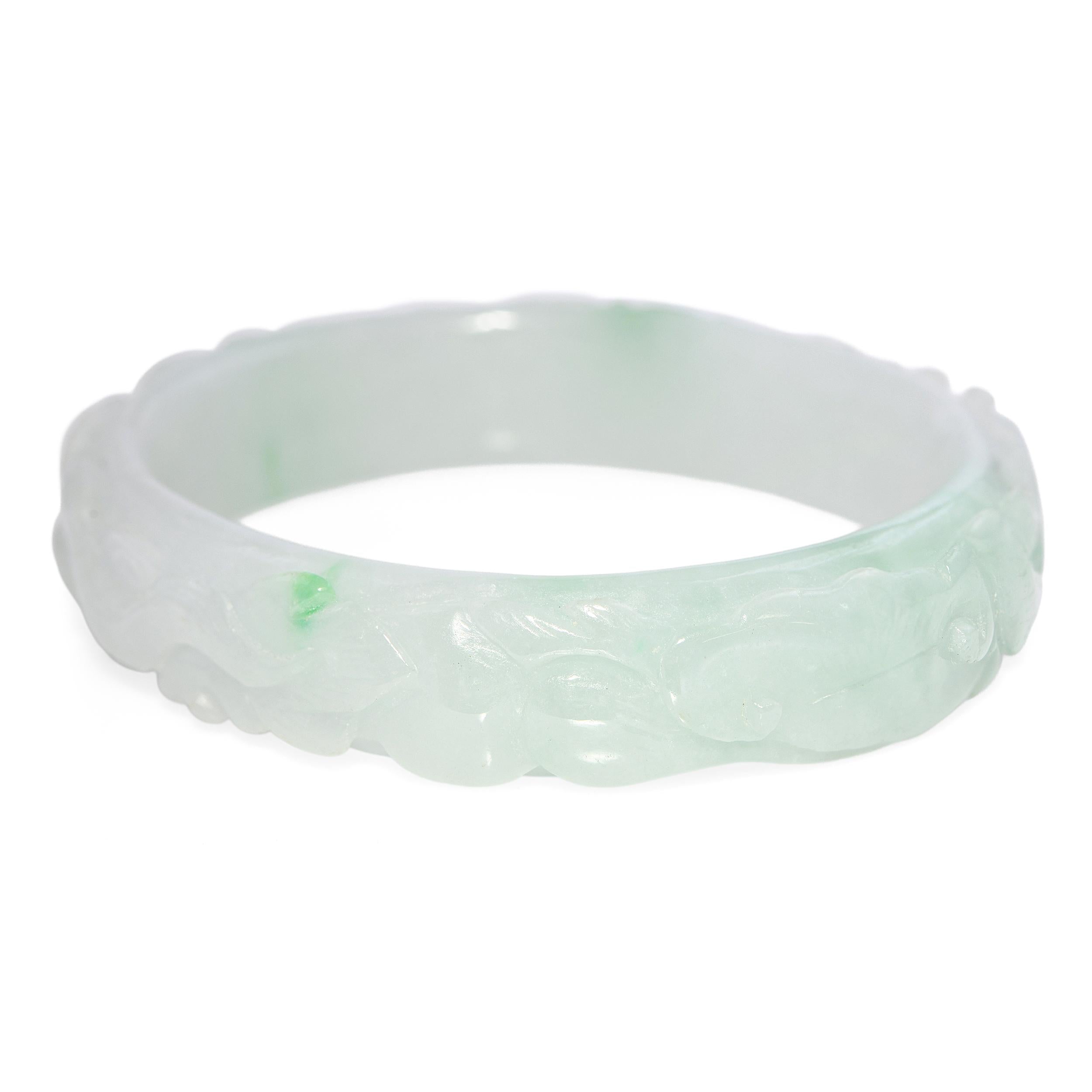 GIA Translucent Variegated Light Gray & Green Carved Jadeite Bangle Bracelet