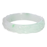 GIA Translucent Variegated Light Gray & Green Carved Jadeite Bangle Bracelet