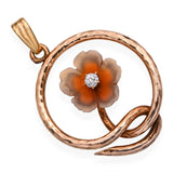 Antique Victorian 12k Yellow Gold Carved Agate and Diamond Flower Pendant