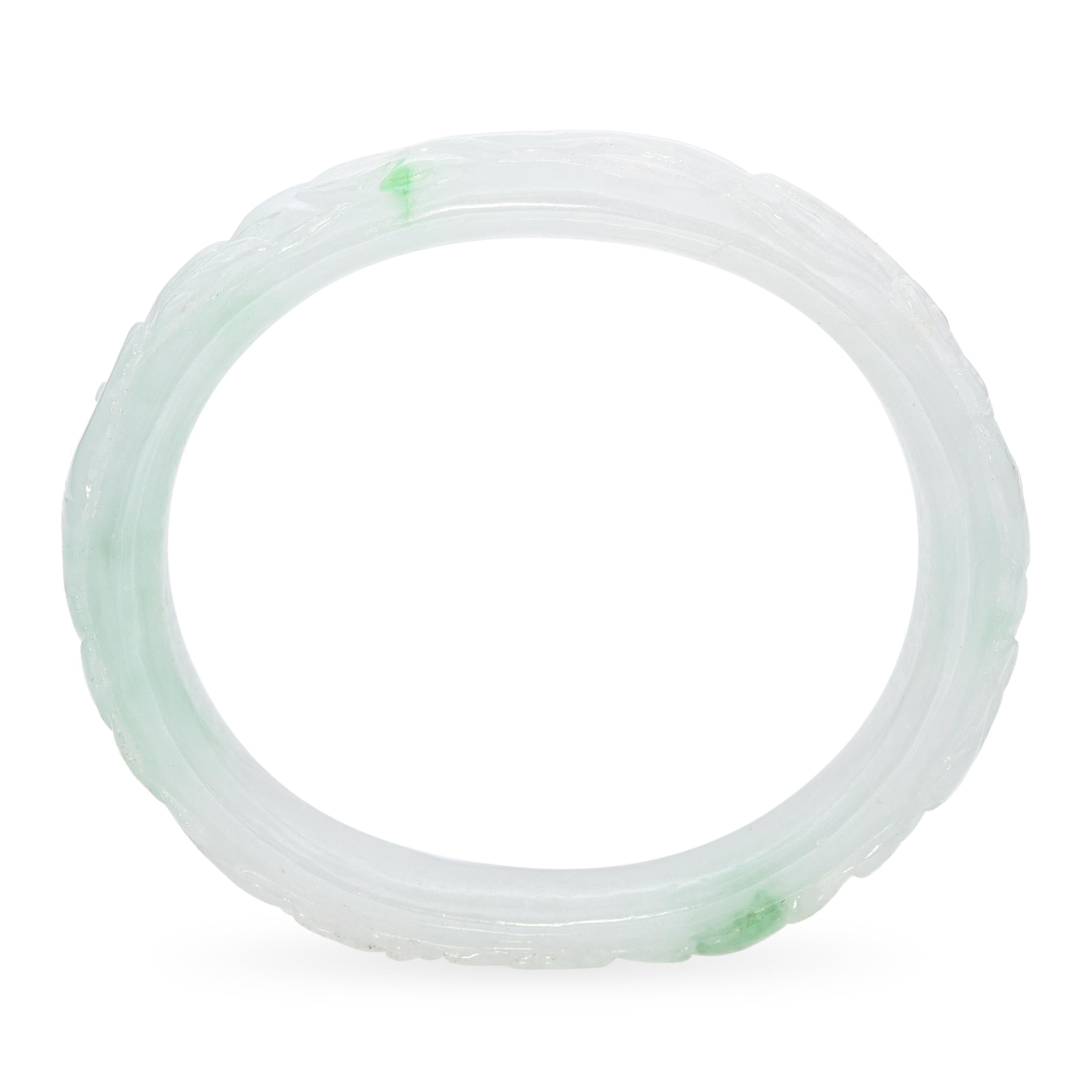 GIA Translucent Variegated Light Gray & Green Carved Jadeite Bangle Bracelet