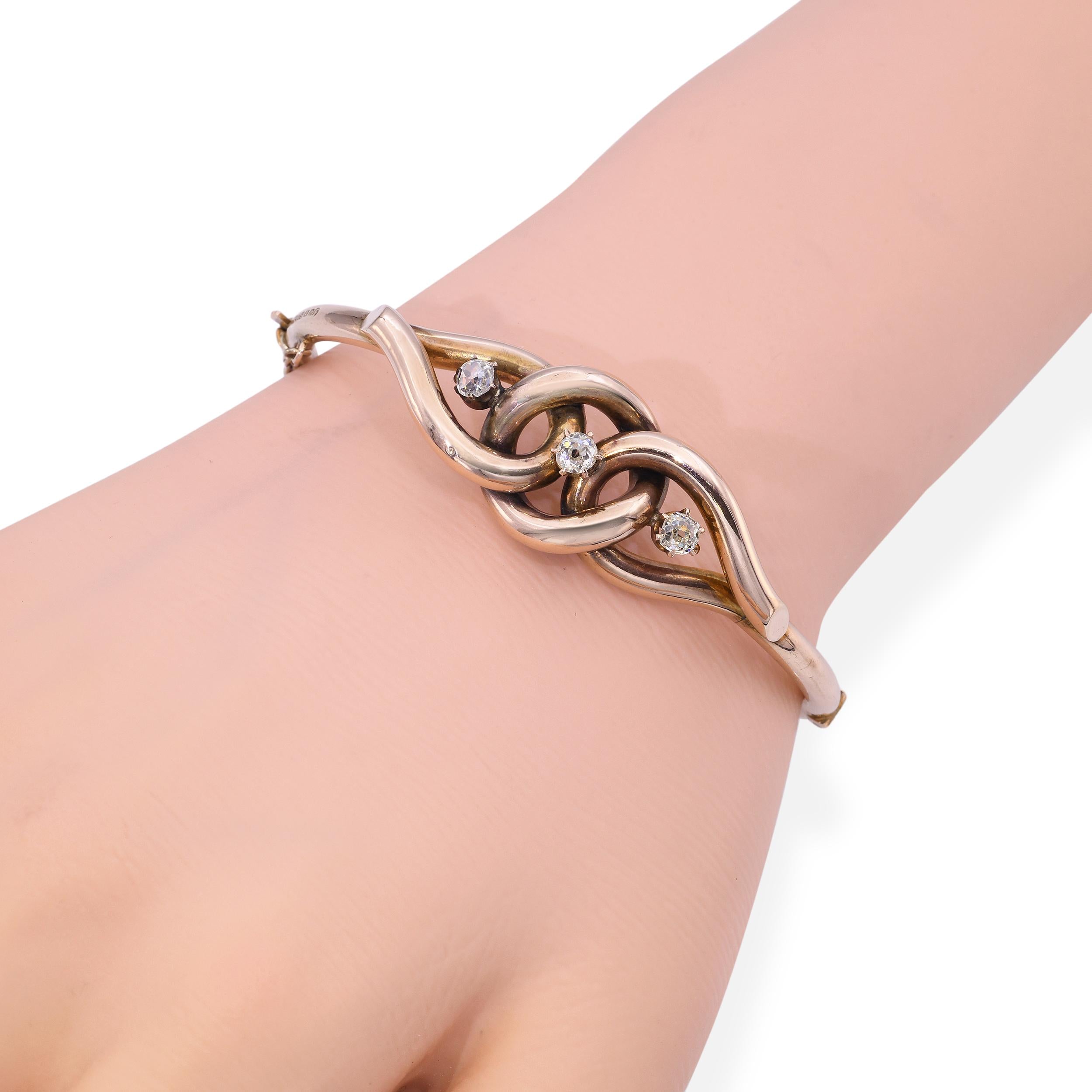 Antique 9k Rose Gold Old Mine Cut Diamond Bangle Bracelet