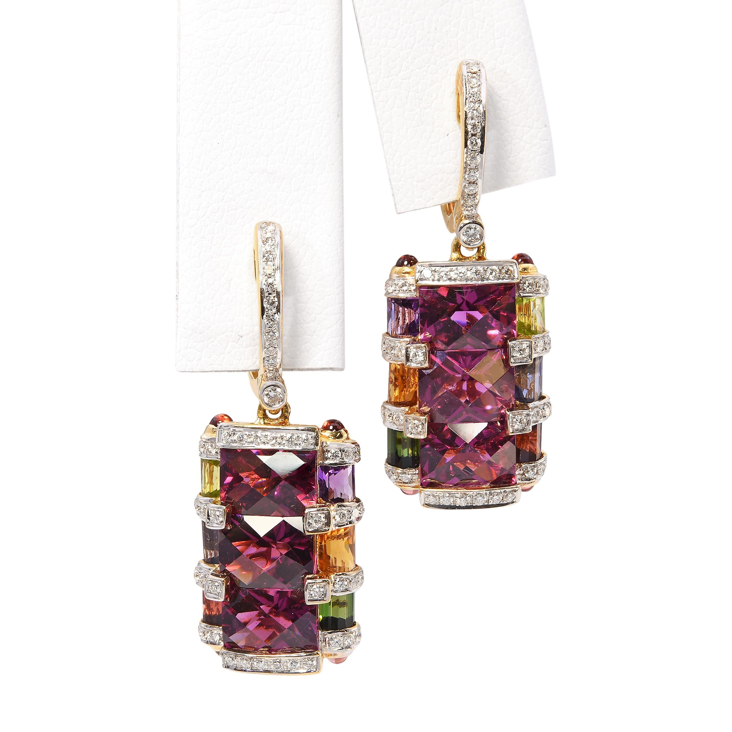 Bellarri 14k Yellow Gold Multi-Stone and Diamond Geometric Earrings
