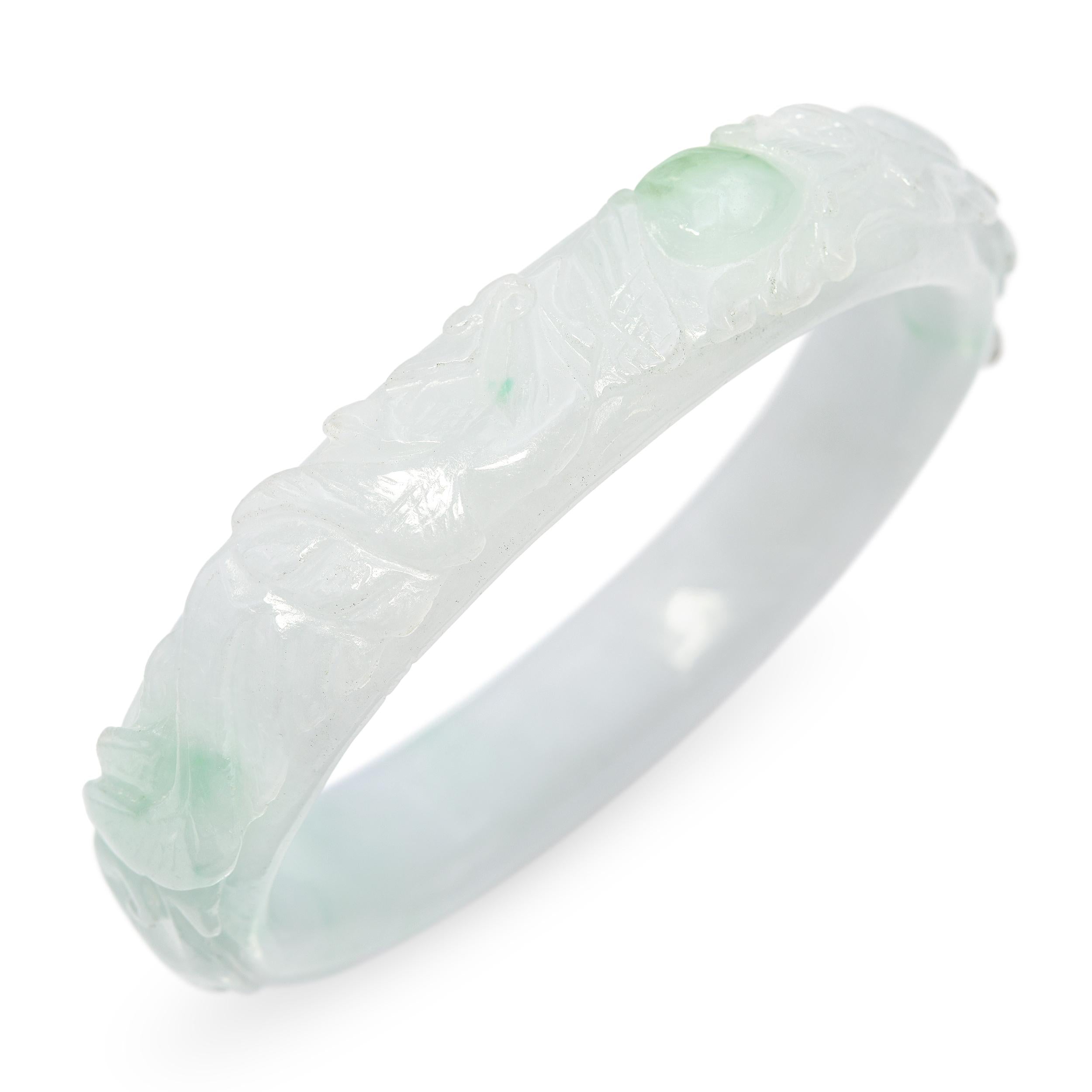 GIA Translucent Variegated Light Gray & Green Carved Jadeite Bangle Bracelet