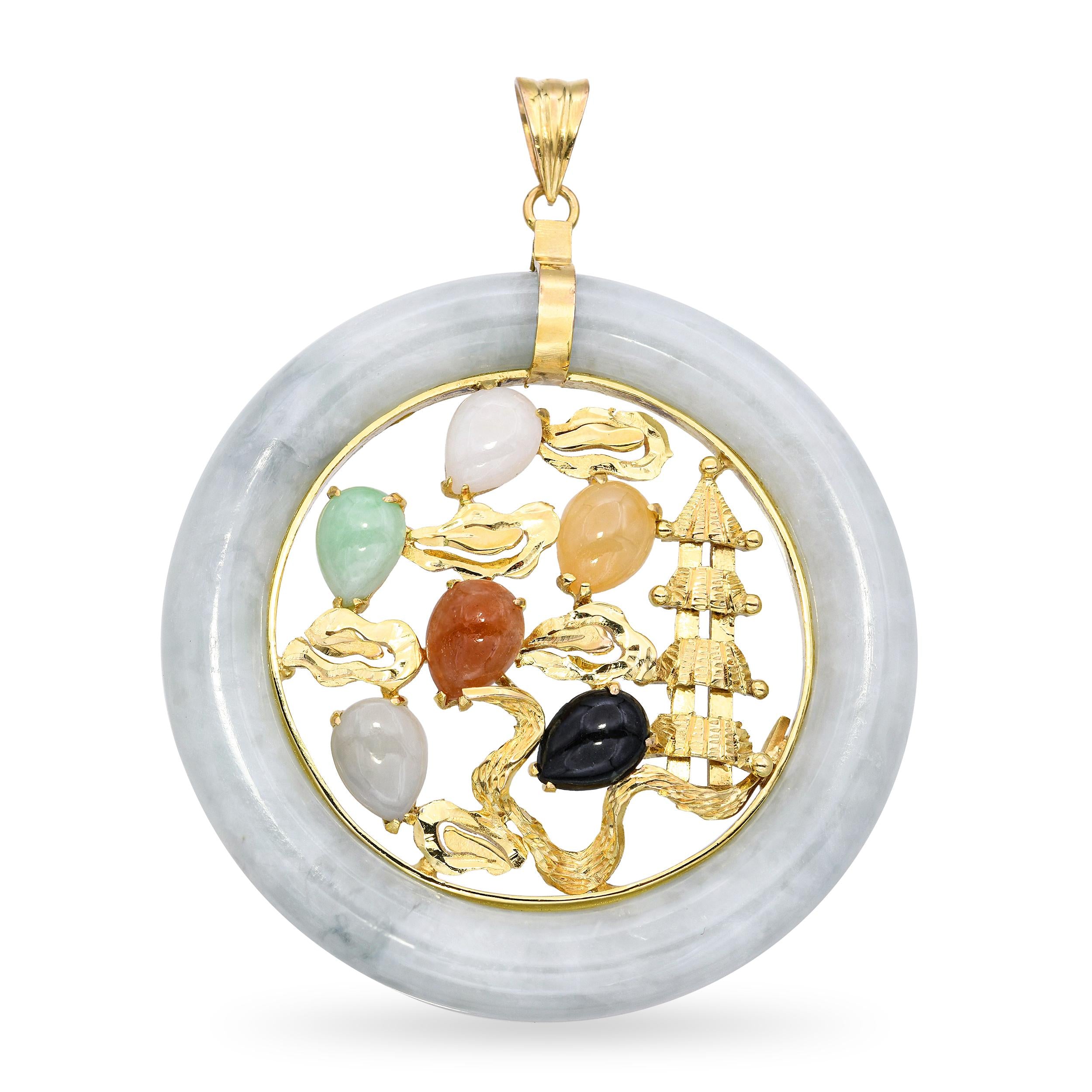 Vintage 14k Yellow Gold Multi-Gemstone Dragon & Pagoda Green Jade Donut Pendant