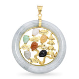 Vintage 14k Yellow Gold Multi-Gemstone Dragon & Pagoda Green Jade Donut Pendant