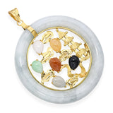 Vintage 14k Yellow Gold Multi-Gemstone Dragon & Pagoda Green Jade Donut Pendant