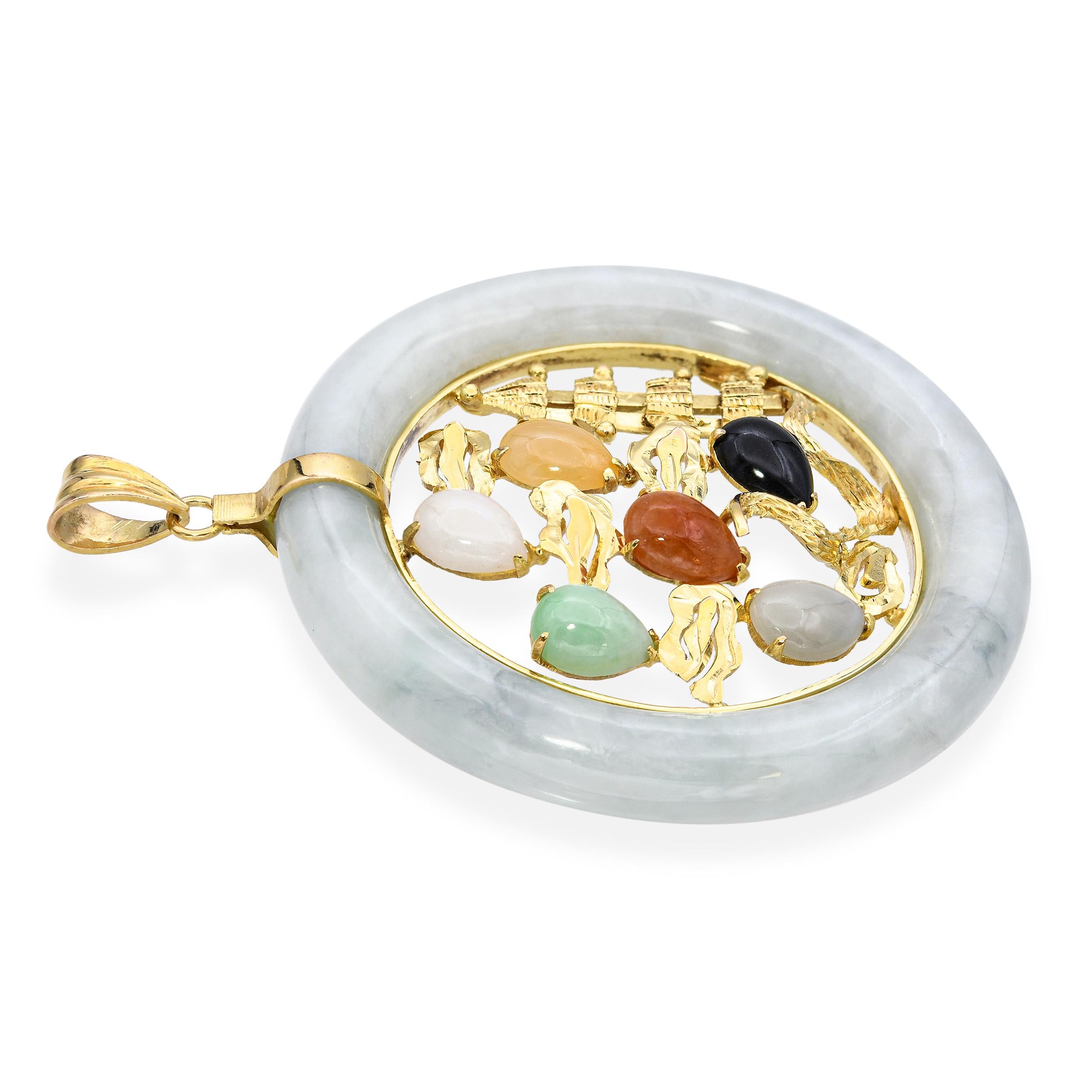 Vintage 14k Yellow Gold Multi-Gemstone Dragon & Pagoda Green Jade Donut Pendant