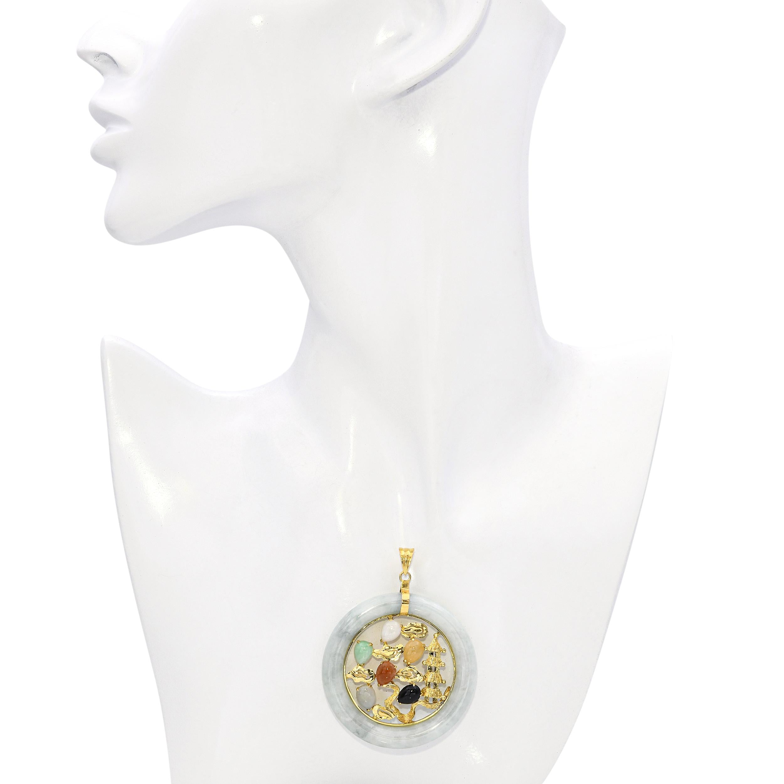 Vintage 14k Yellow Gold Multi-Gemstone Dragon & Pagoda Green Jade Donut Pendant