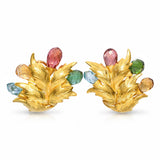 19k Yellow Gold 24.5tcw Briolette Cut Tourmaline Foliage Ear Clips