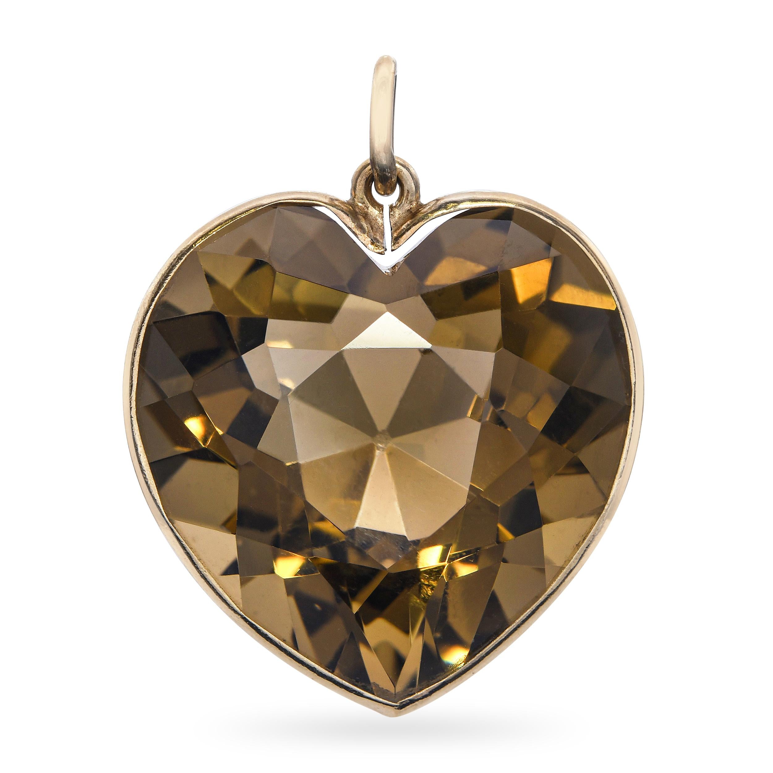 Vintage 12k Yellow 48.2ct Smoky Quartz Heart Pendant