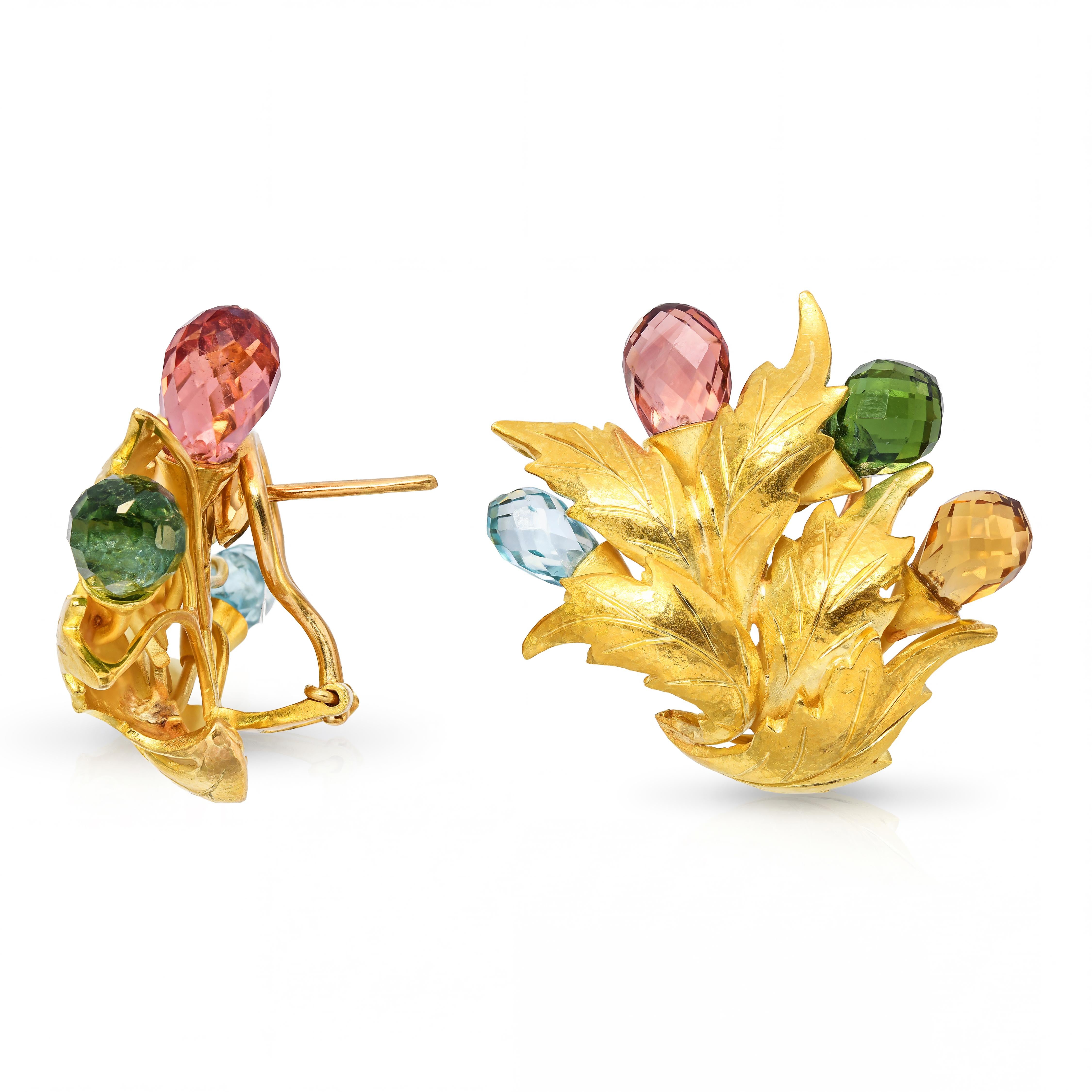 19k Yellow Gold 24.5tcw Briolette Cut Tourmaline Foliage Ear Clips