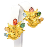 19k Yellow Gold 24.5tcw Briolette Cut Tourmaline Foliage Ear Clips