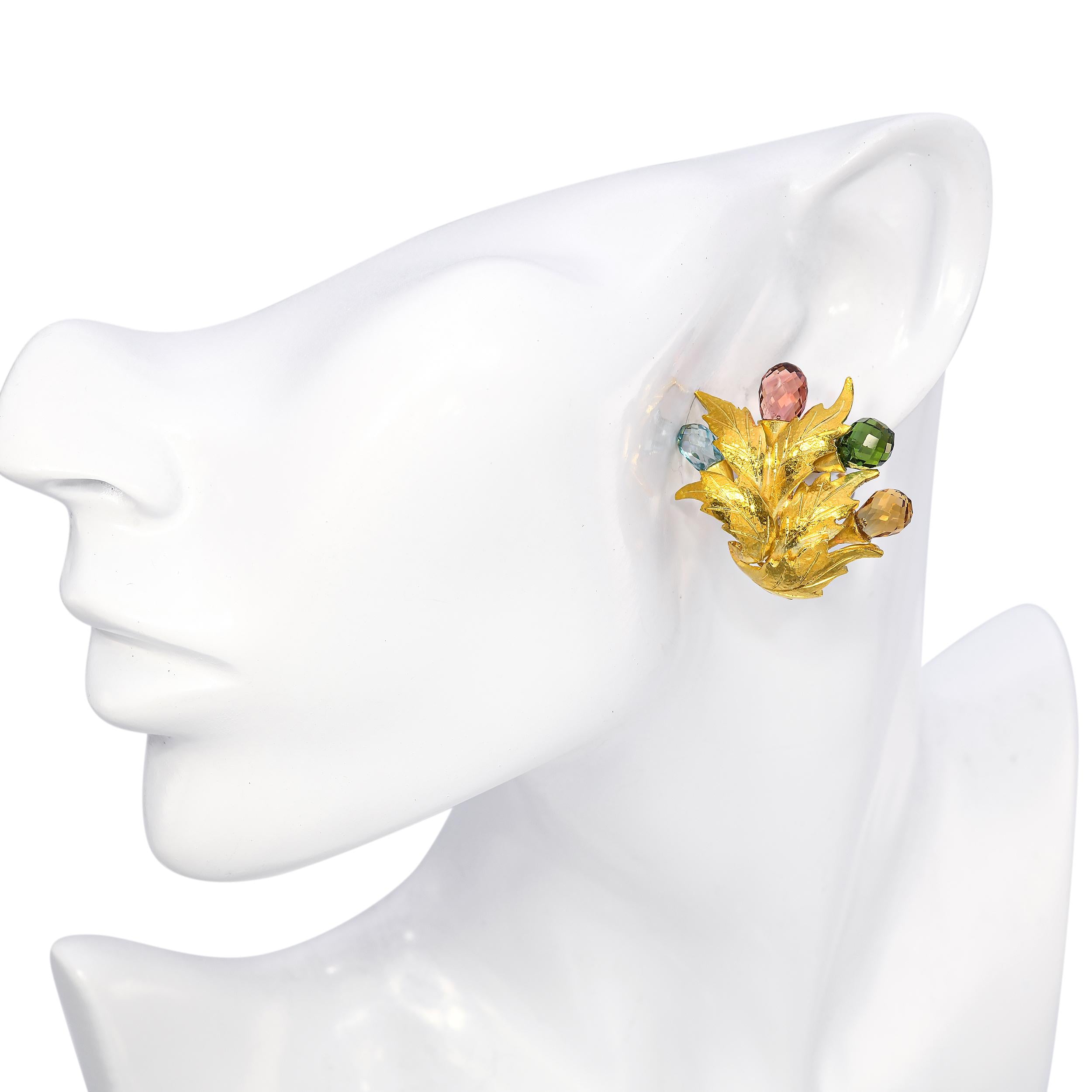 19k Yellow Gold 24.5tcw Briolette Cut Tourmaline Foliage Ear Clips