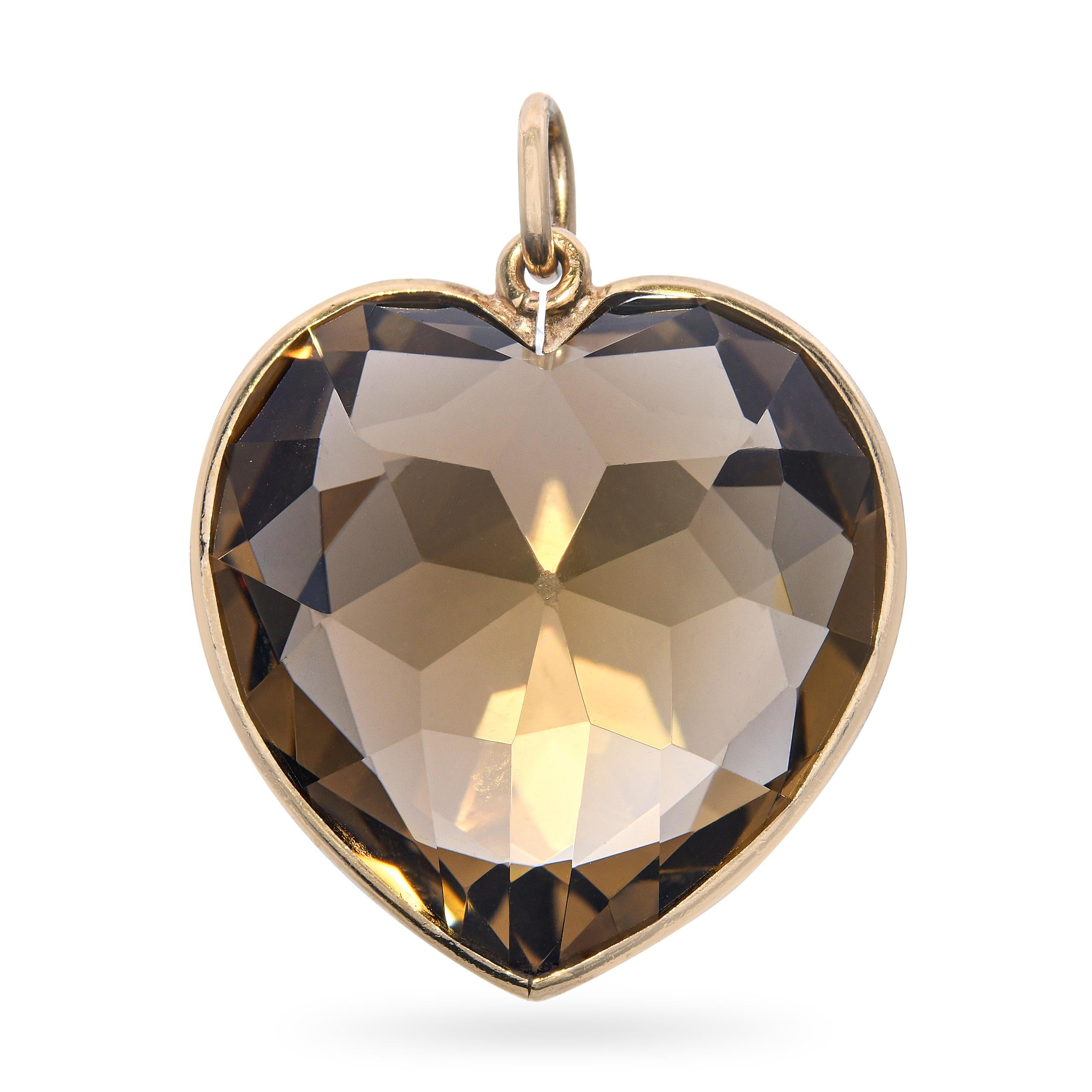 Vintage 12k Yellow 48.2ct Smoky Quartz Heart Pendant