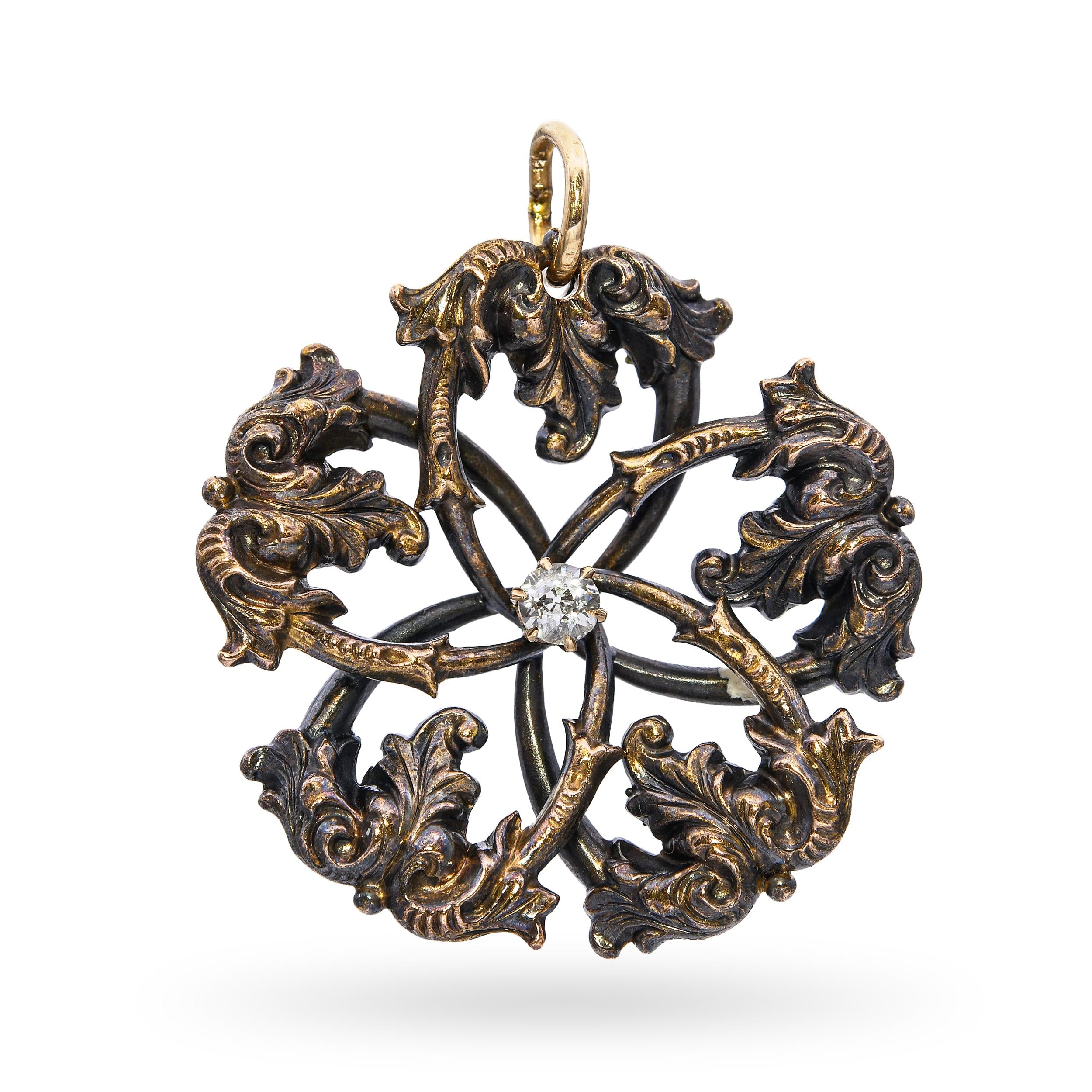 Antique Art Nuevo 18k Rose Gold Diamond Foliage Cyclical Pendant