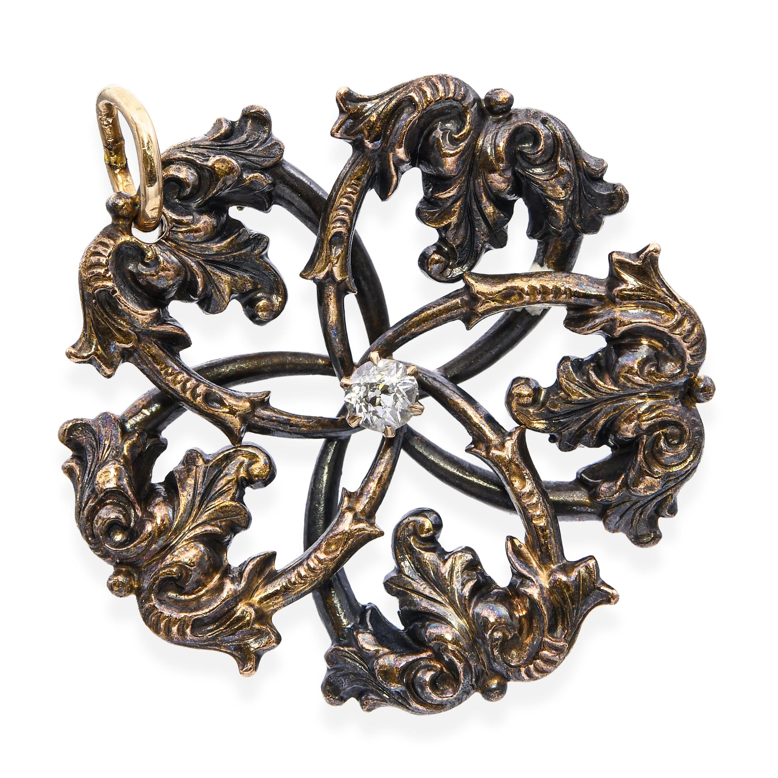 Antique Art Nuevo 18k Rose Gold Diamond Foliage Cyclical Pendant